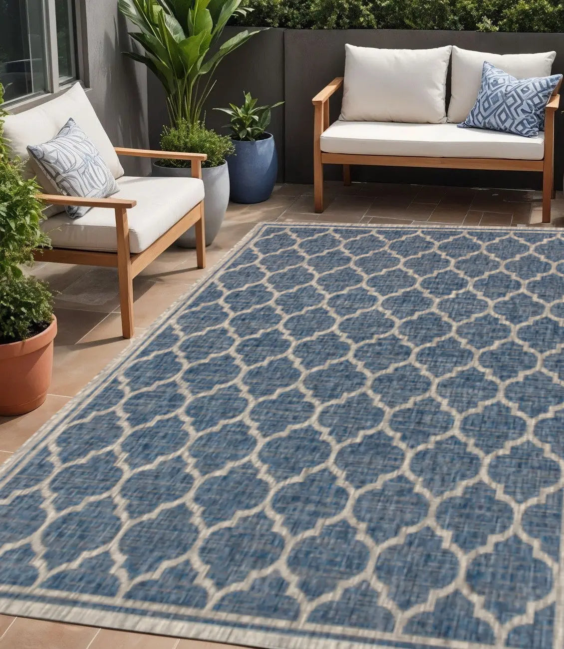 5' X 8' Navy Blue And Gray Geometric Indoor Outdoor Area Rug Homeroots Outdoor