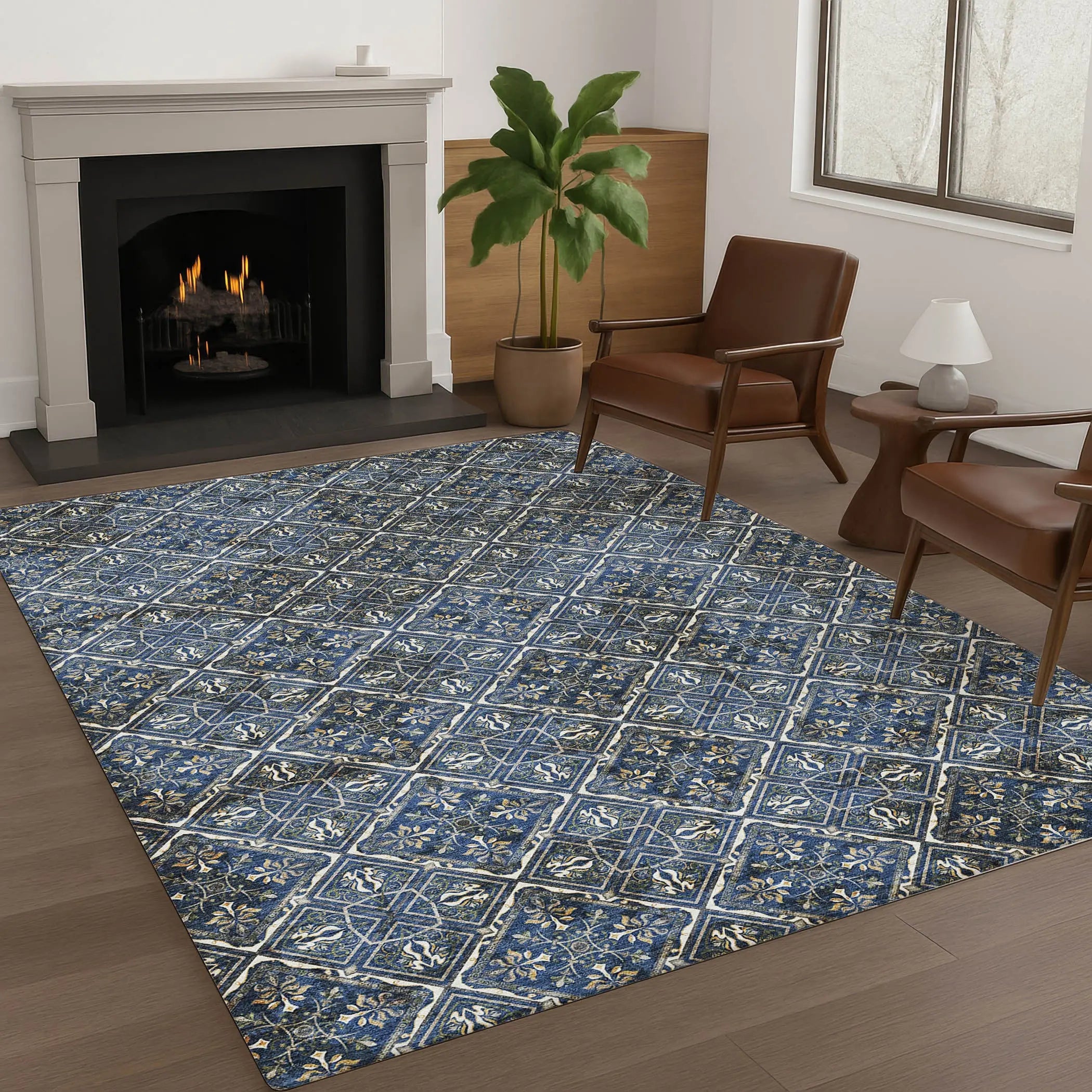 5' X 8' Navy Blue And Gray Geometric Washable Indoor Outdoor Area Rug Homeroots Outdoor