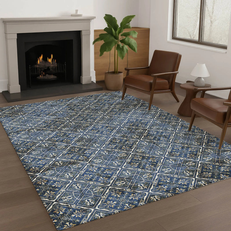 5' X 8' Navy Blue And Gray Geometric Washable Indoor Outdoor Area Rug Homeroots Outdoor