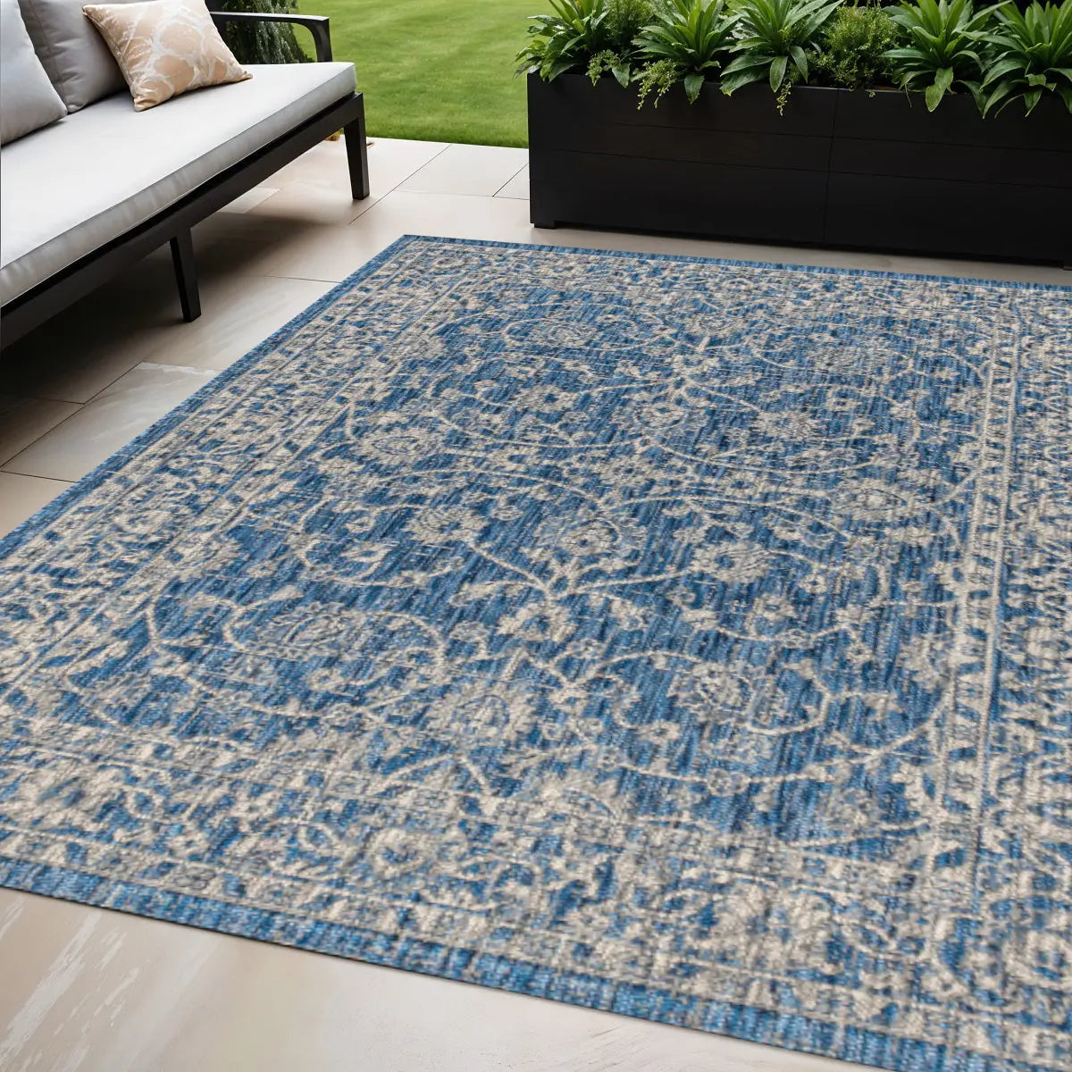 5' X 8' Navy Blue And Gray Medallion Indoor Outdoor Area Rug Homeroots Outdoor
