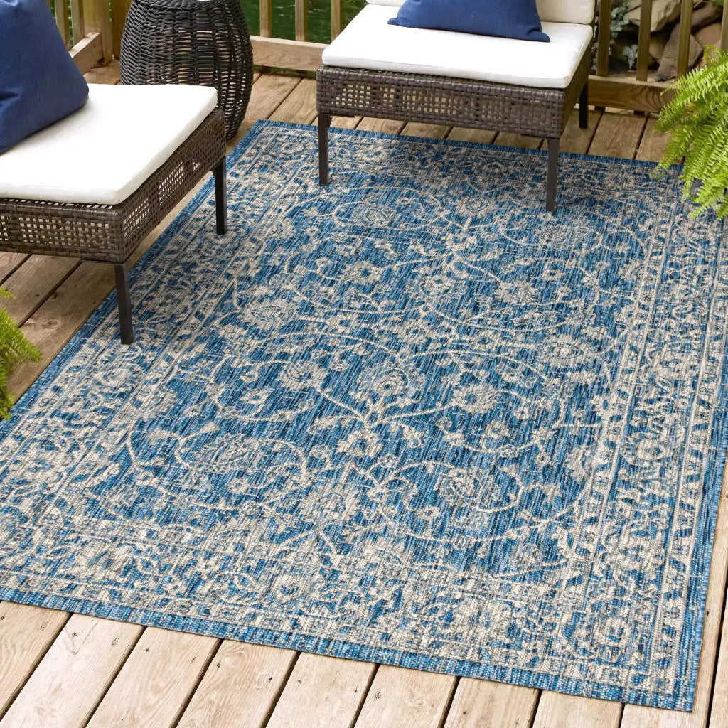 5' X 8' Navy Blue And Gray Medallion Indoor Outdoor Area Rug Homeroots Outdoor