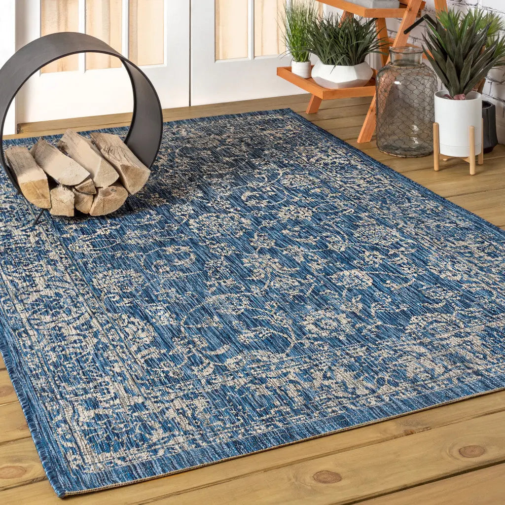 5' X 8' Navy Blue And Gray Medallion Indoor Outdoor Area Rug Homeroots Outdoor