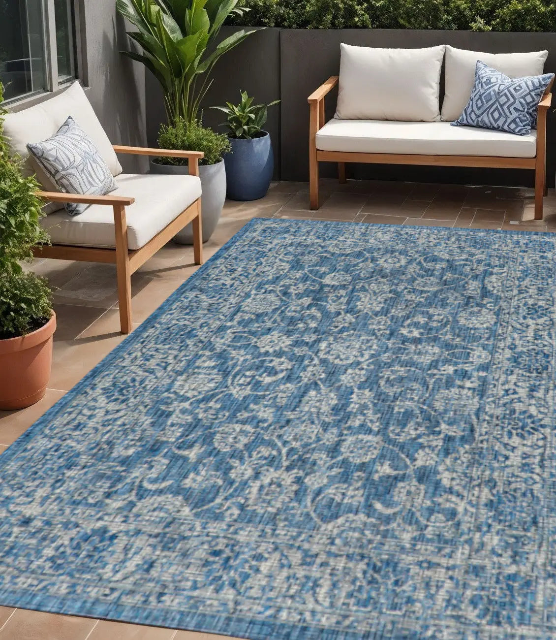 5' X 8' Navy Blue And Gray Medallion Indoor Outdoor Area Rug Homeroots Outdoor