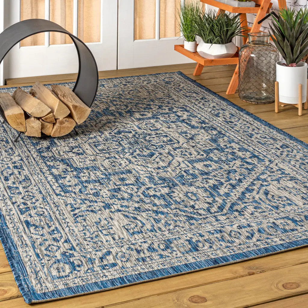 5' X 8' Navy Blue And Gray Medallion Indoor Outdoor Area Rug Homeroots Outdoor