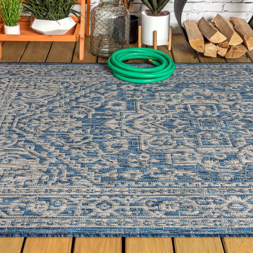 5' X 8' Navy Blue And Gray Medallion Indoor Outdoor Area Rug Homeroots Outdoor