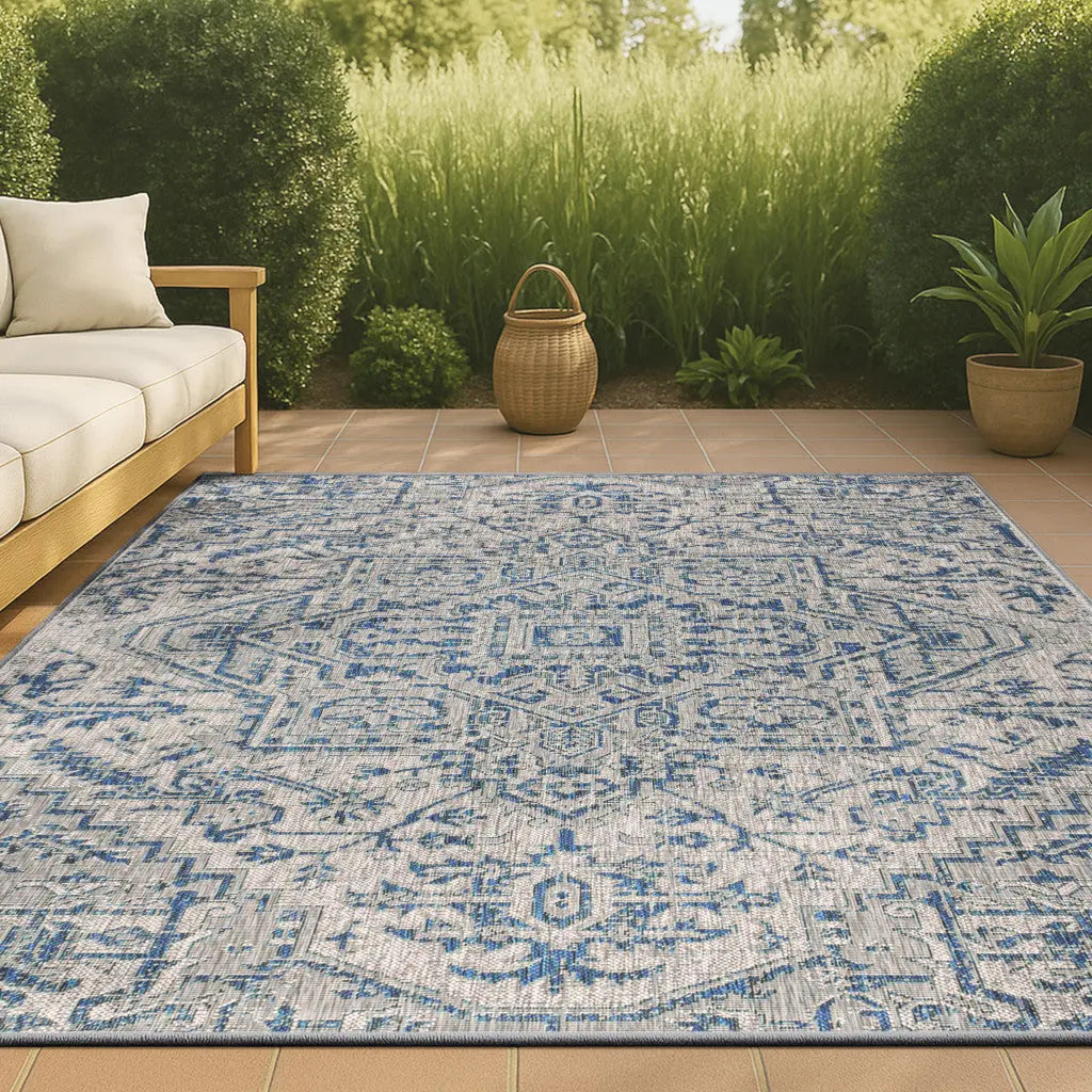 5' X 8' Navy Blue And Gray Medallion Indoor Outdoor Area Rug Homeroots Outdoor