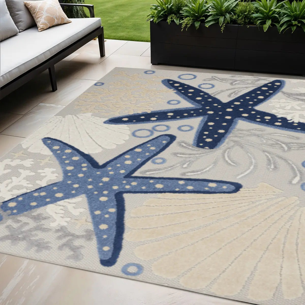 5' X 8' Navy Blue And Gray Starfish Indoor Outdoor Area Rug Homeroots Outdoor