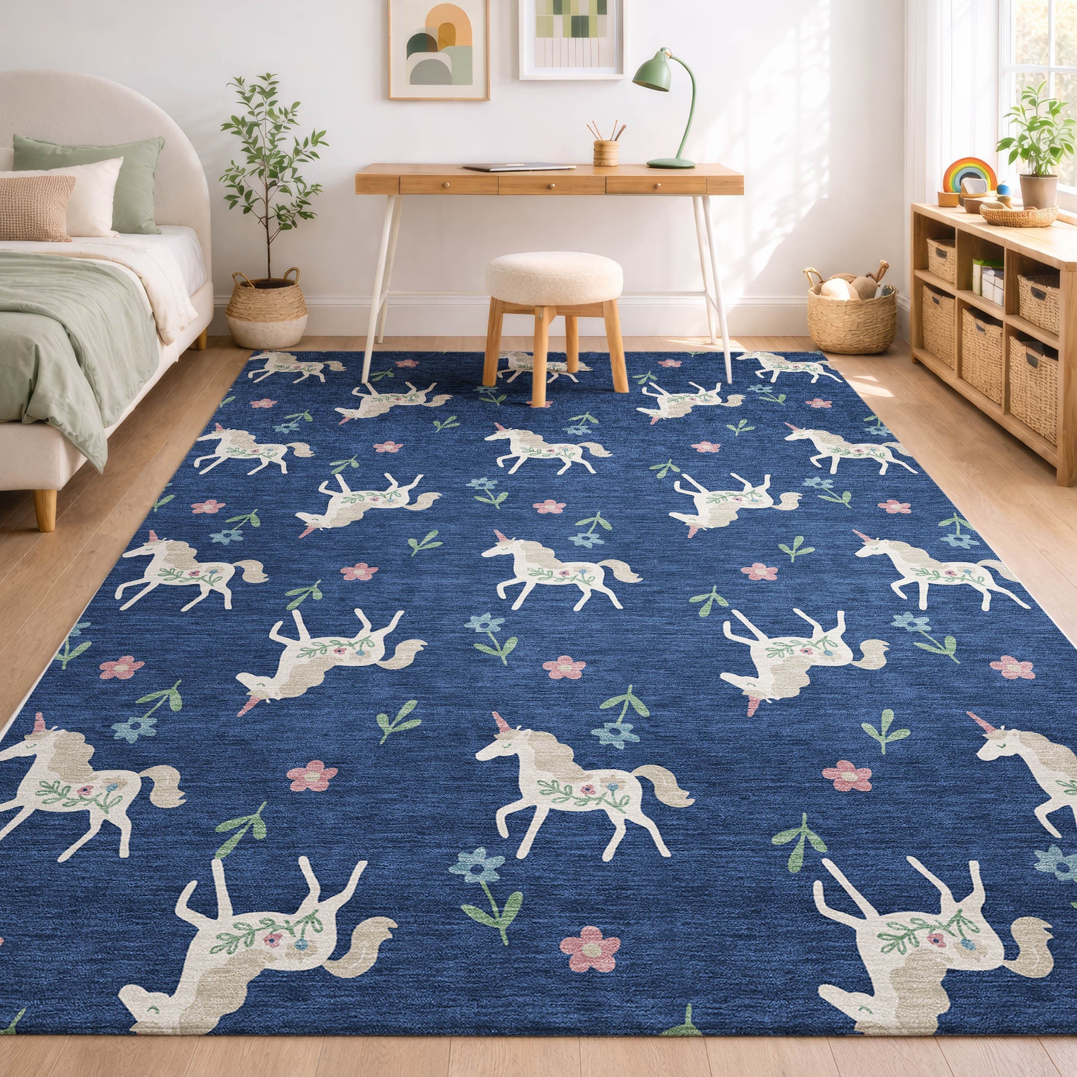 5' X 8' Navy Blue And Green Floral Washable Indoor Outdoor Area Rug Homeroots Outdoor