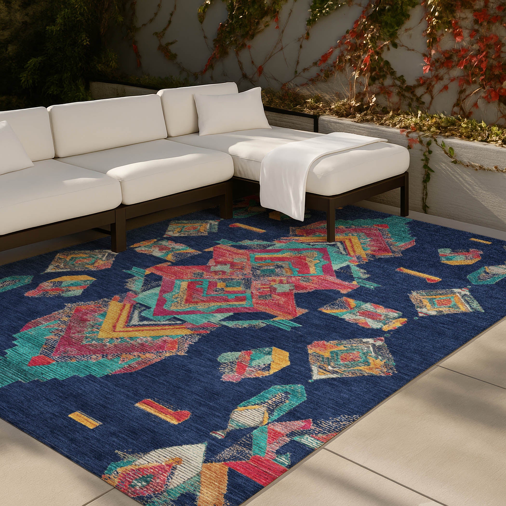 5' X 8' Navy Blue And Green Tribal Washable Indoor Outdoor Area Rug Homeroots Outdoor