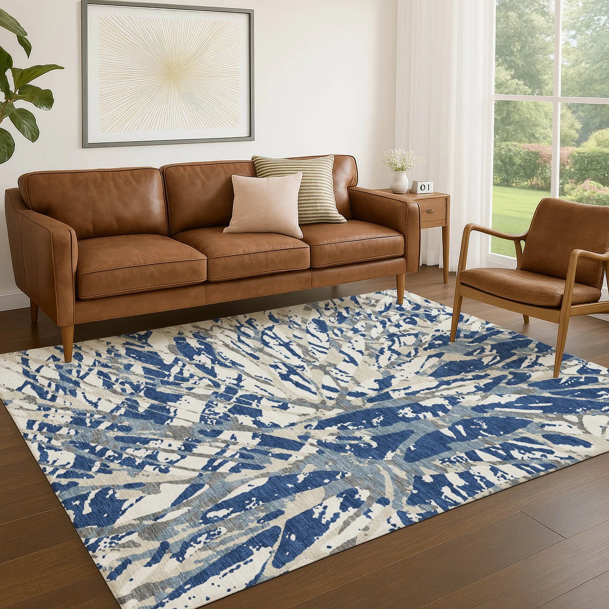 5' X 8' Navy Blue And Ivory Abstract Washable Indoor Outdoor Area Rug Homeroots Outdoor