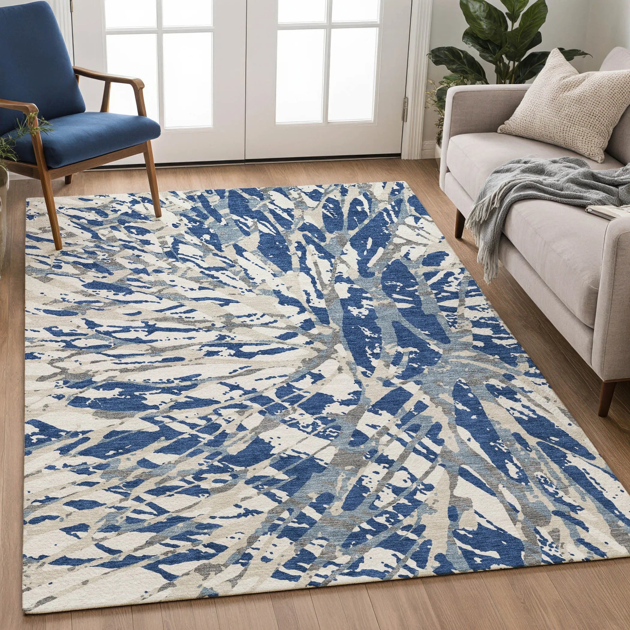 5' X 8' Navy Blue And Ivory Abstract Washable Indoor Outdoor Area Rug Homeroots Outdoor