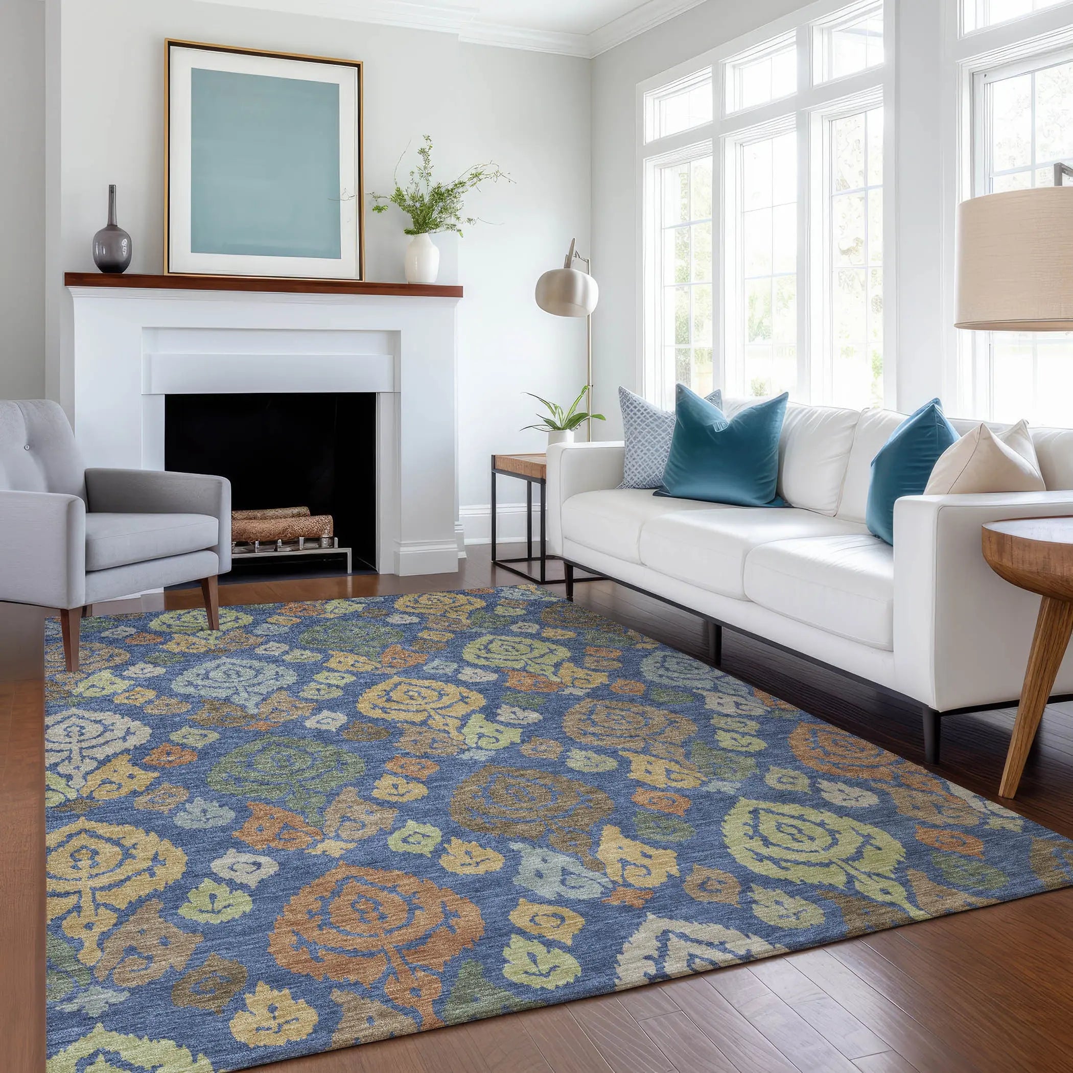 5' X 8' Navy Blue And Ivory Damask Washable Indoor Outdoor Area Rug Homeroots Outdoor