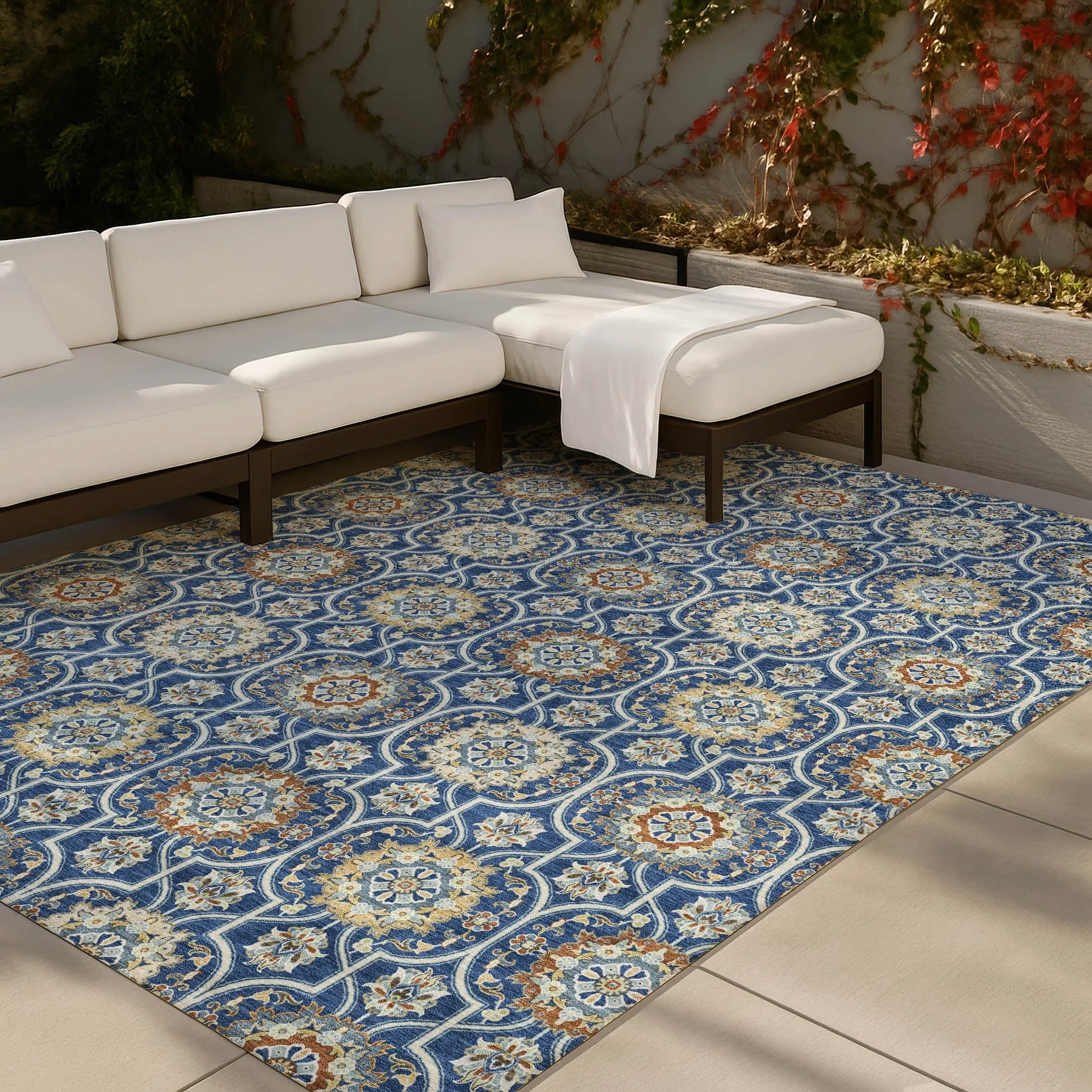 5' X 8' Navy Blue And Ivory Floral Medallion Washable Indoor Outdoor Area Rug Homeroots Outdoor