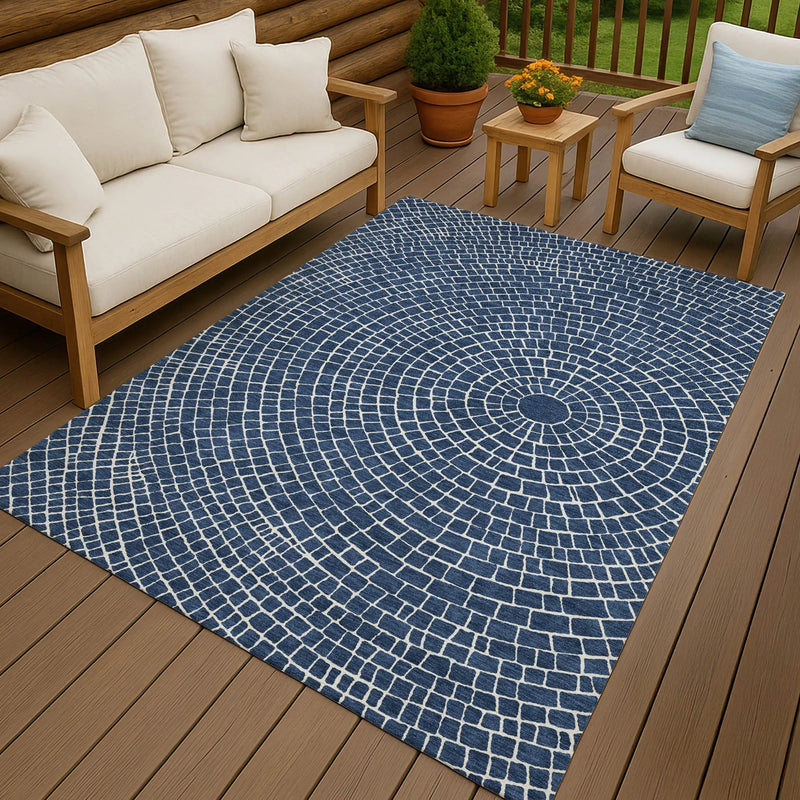 5' X 8' Navy Blue And Ivory Geometric Washable Indoor Outdoor Area Rug Homeroots Outdoor