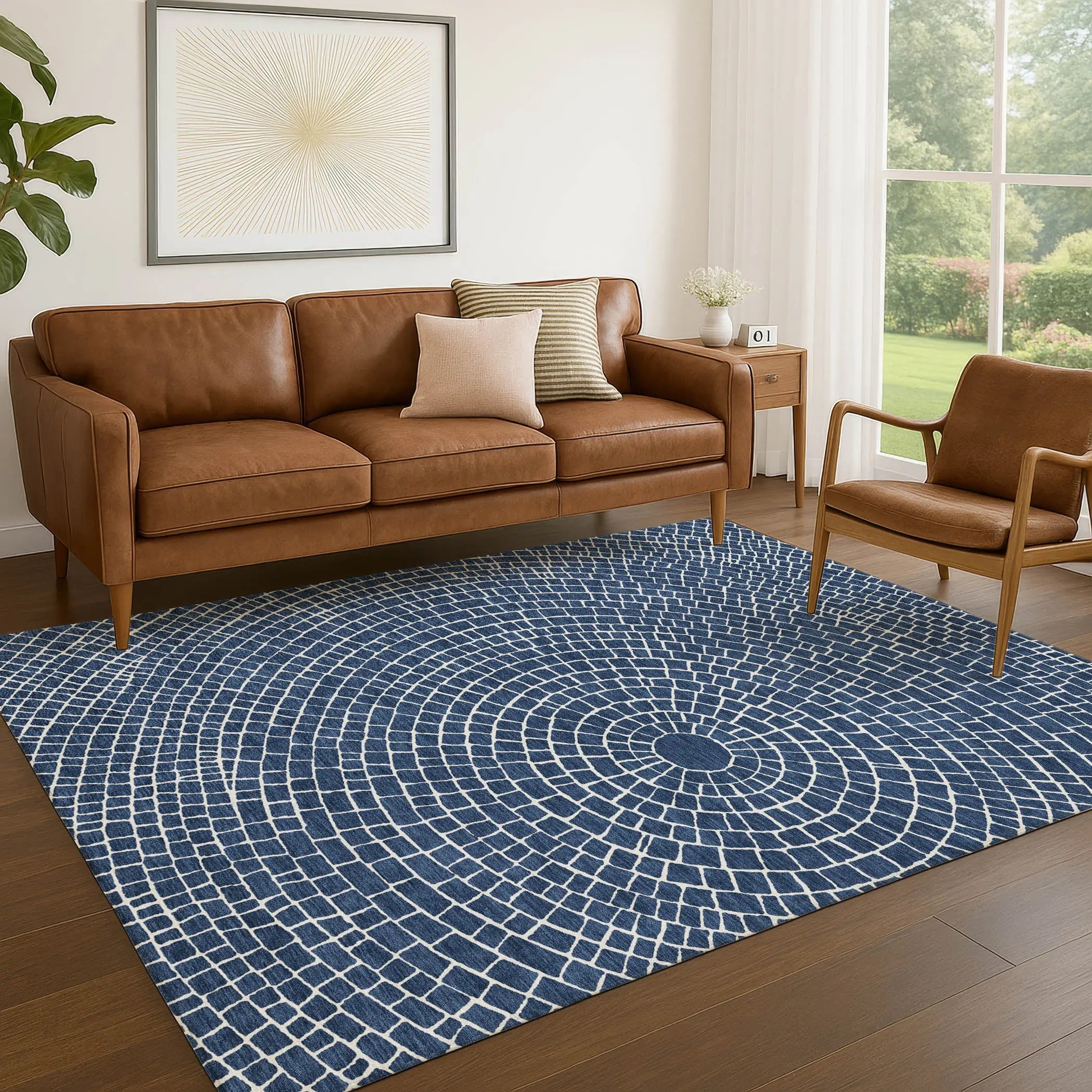 5' X 8' Navy Blue And Ivory Geometric Washable Indoor Outdoor Area Rug Homeroots Outdoor