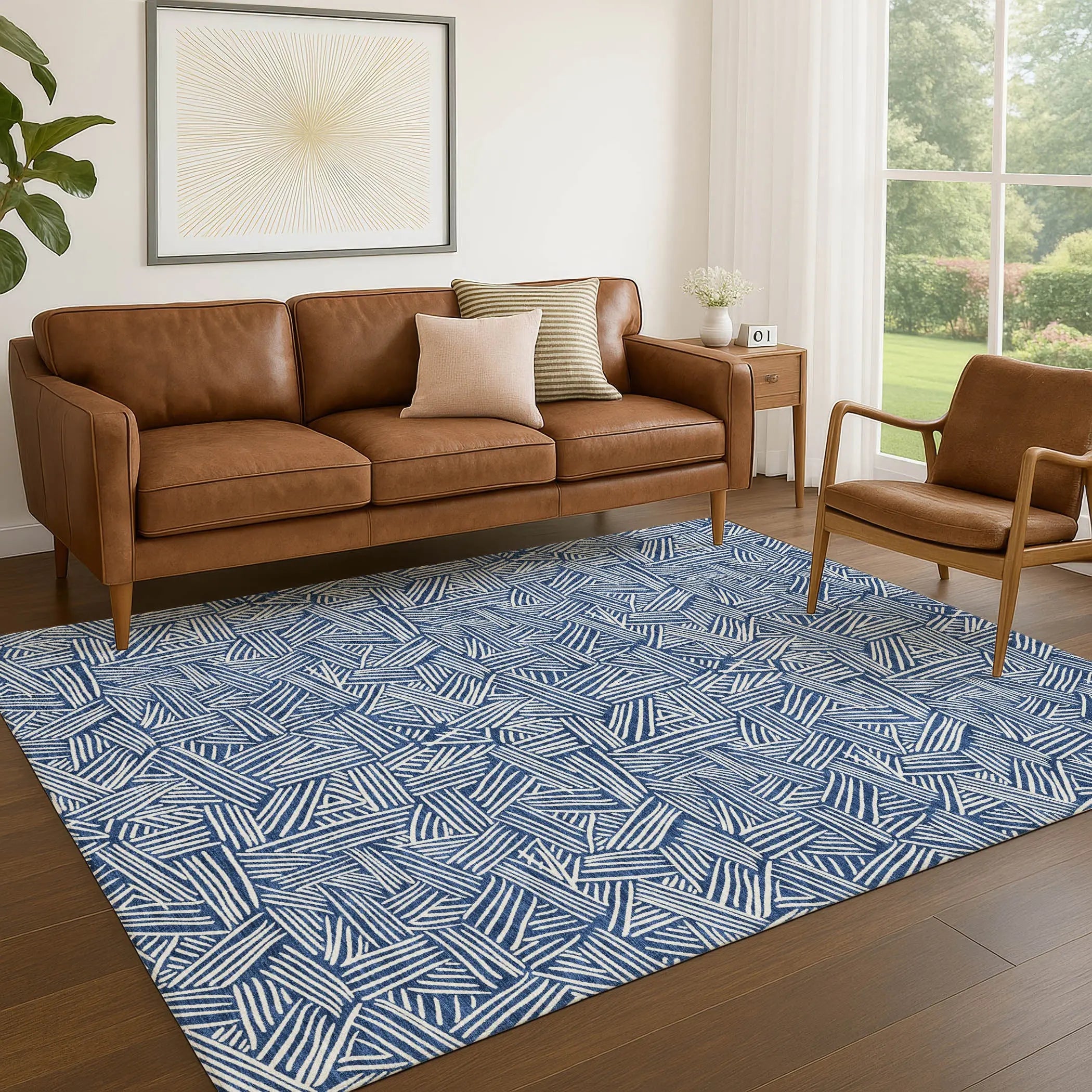 5' X 8' Navy Blue And Ivory Geometric Washable Indoor Outdoor Area Rug Homeroots Outdoor