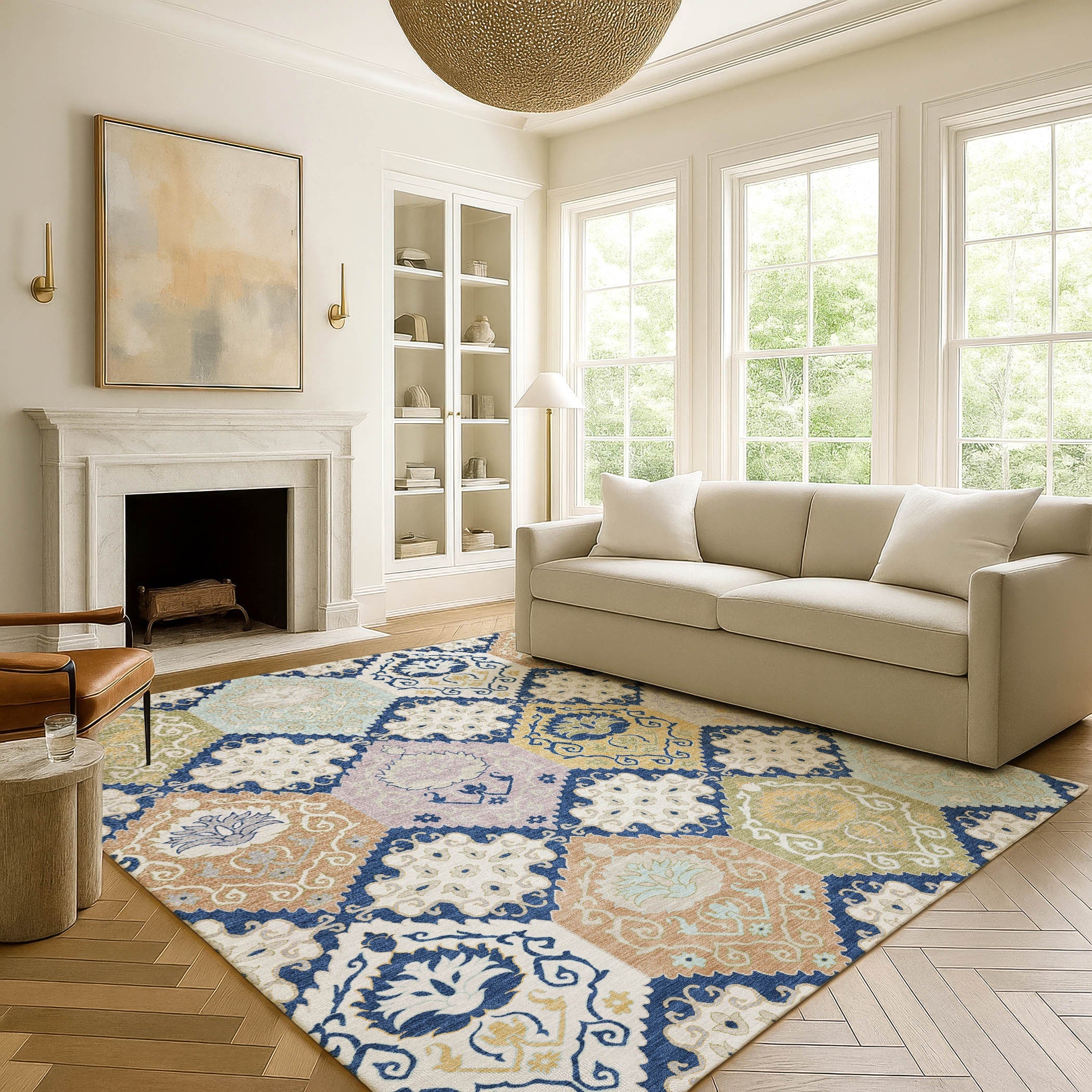 5' X 8' Navy Blue And Ivory Geometric Washable Indoor Outdoor Area Rug Homeroots Outdoor