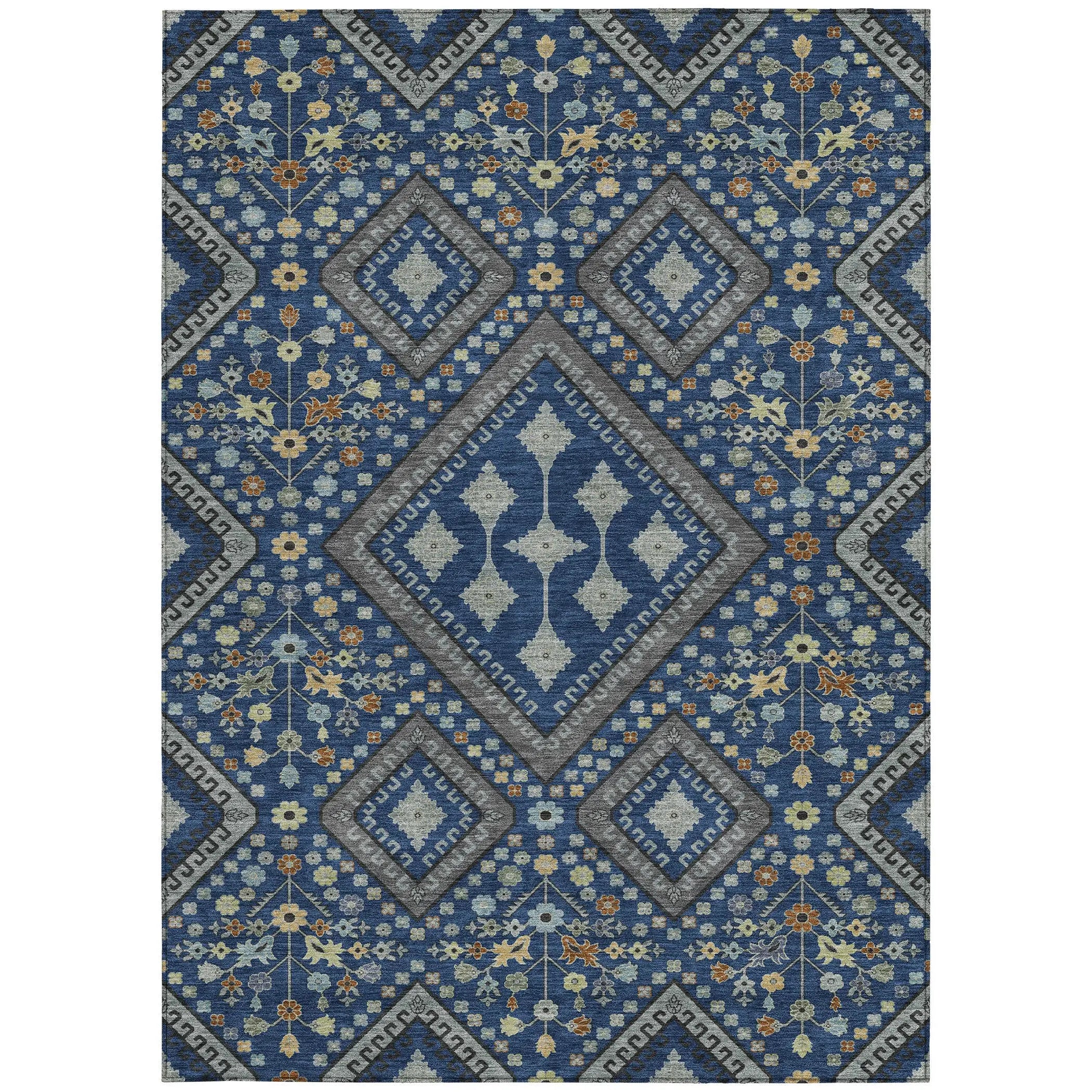 5' X 8' Navy Blue And Ivory Medallion Washable Indoor Outdoor Area Rug Homeroots Outdoor
