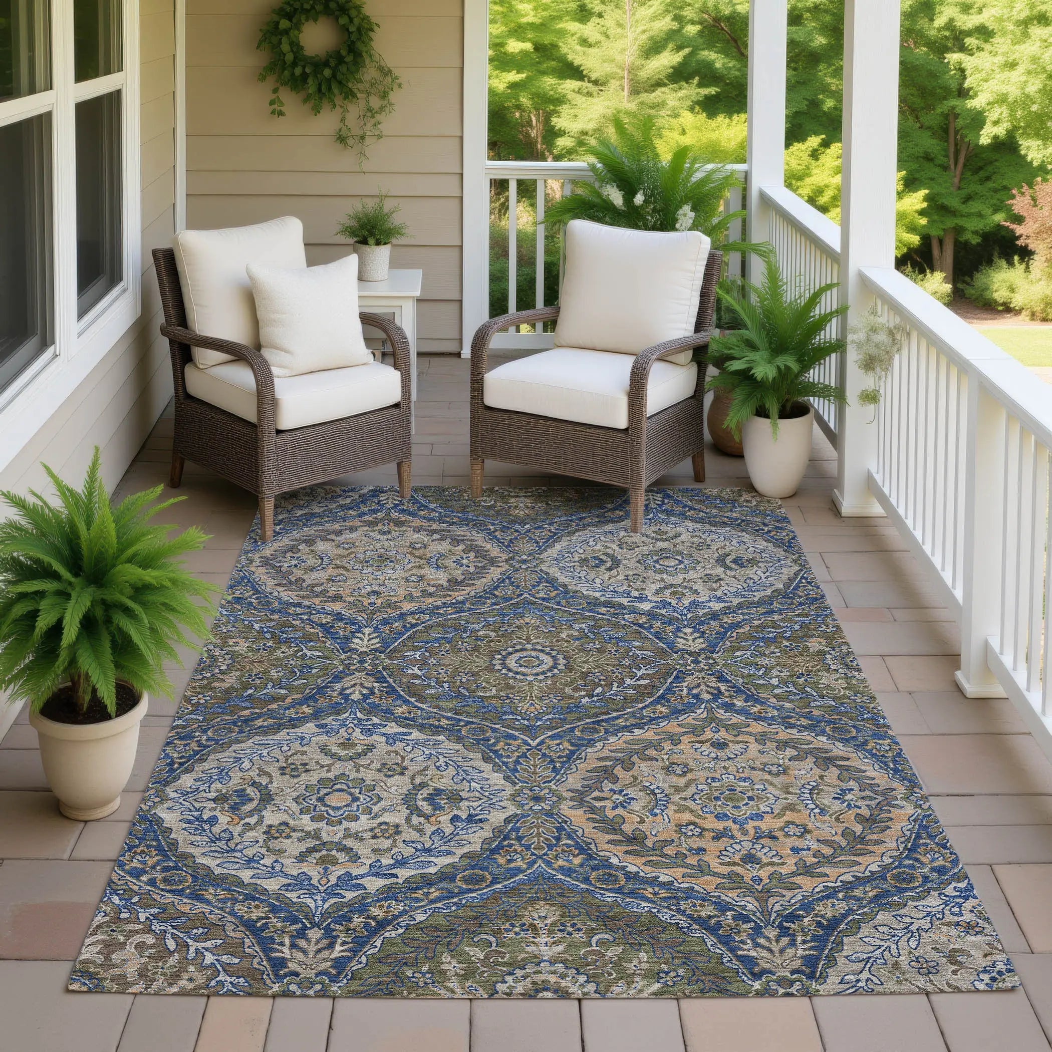 5' X 8' Navy Blue And Linen Ogee Washable Indoor Outdoor Area Rug Homeroots Outdoor