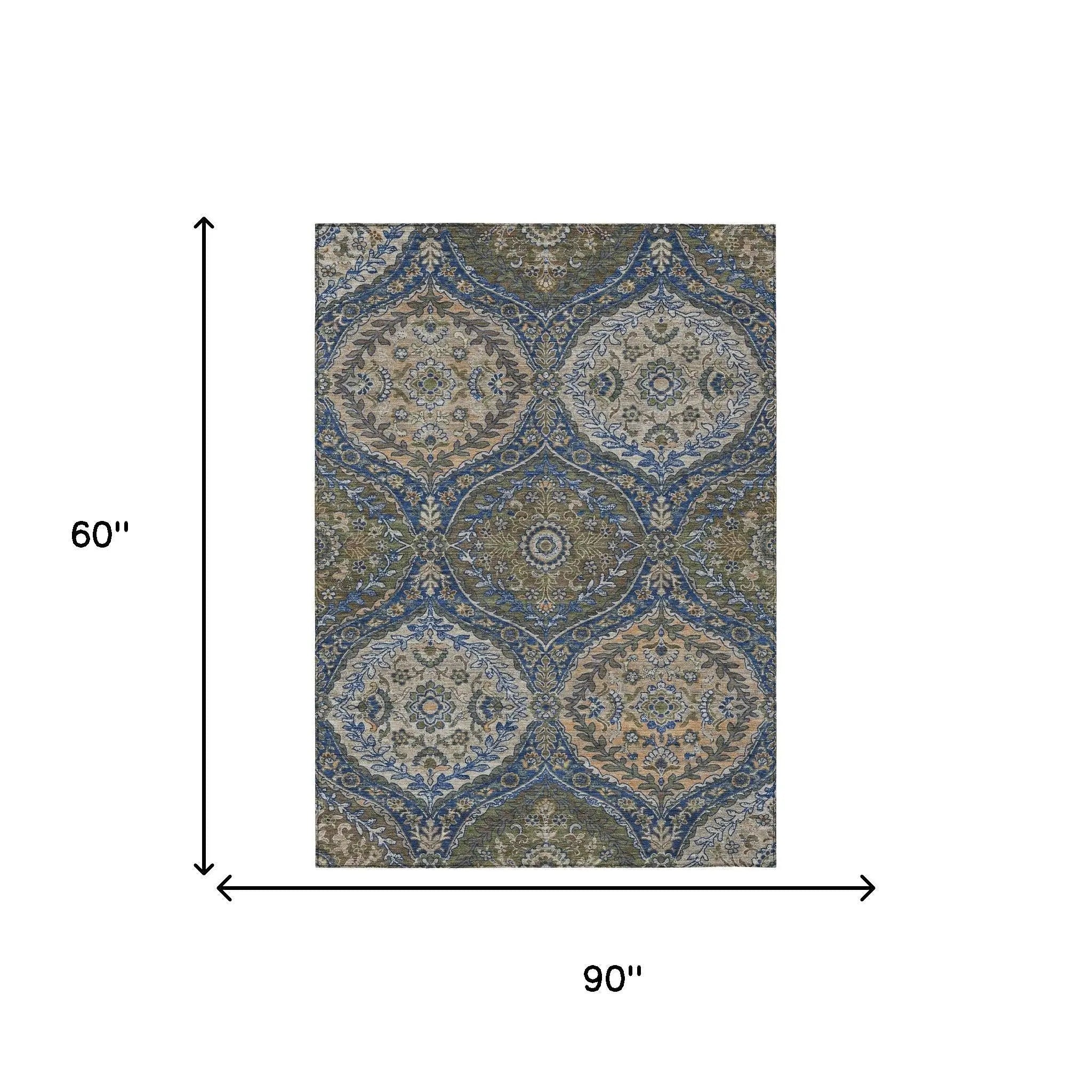 5' X 8' Navy Blue And Linen Ogee Washable Indoor Outdoor Area Rug Homeroots Outdoor