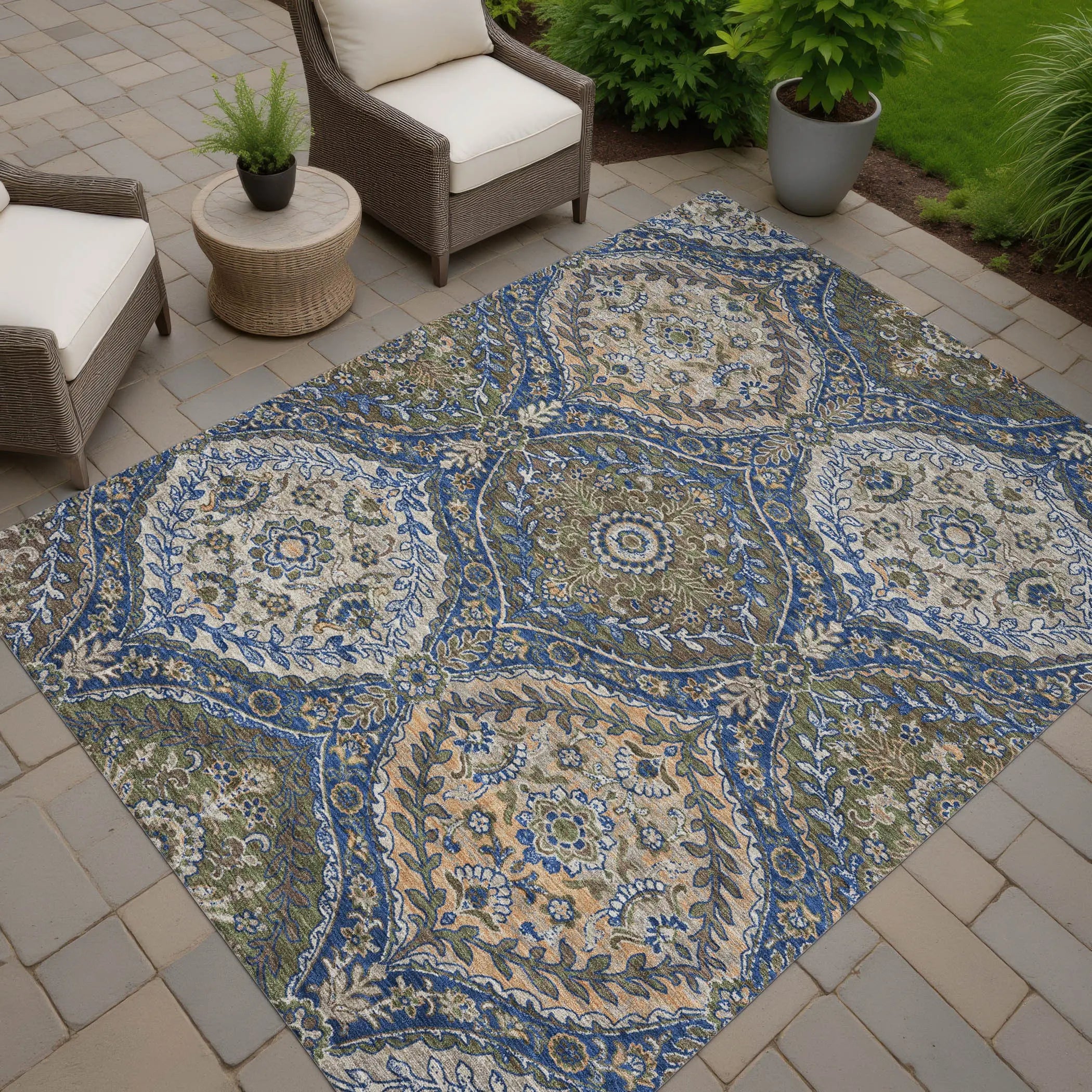 5' X 8' Navy Blue And Linen Ogee Washable Indoor Outdoor Area Rug Homeroots Outdoor