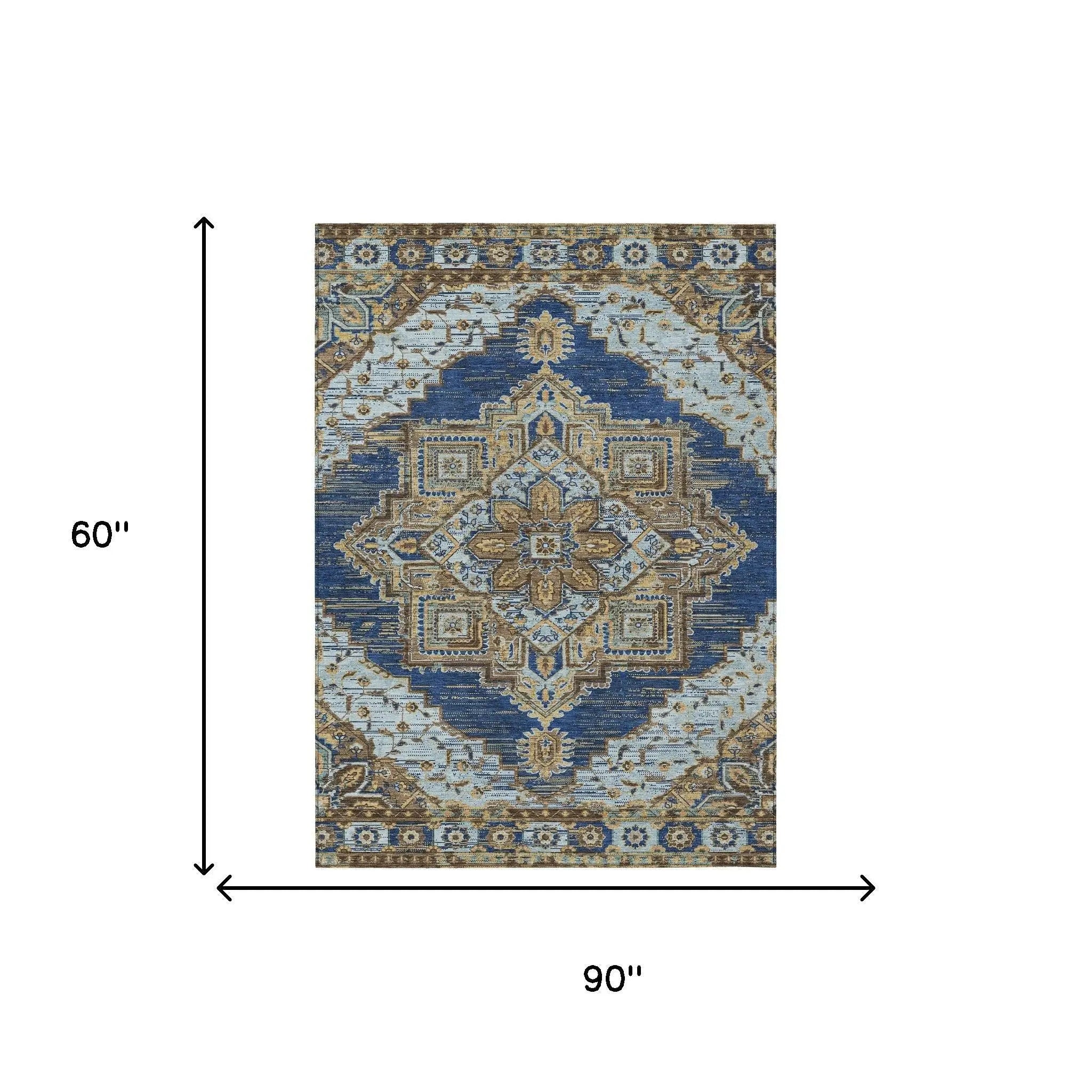 5' X 8' Navy Blue And Linen Oriental Washable Indoor Outdoor Area Rug Homeroots Outdoor