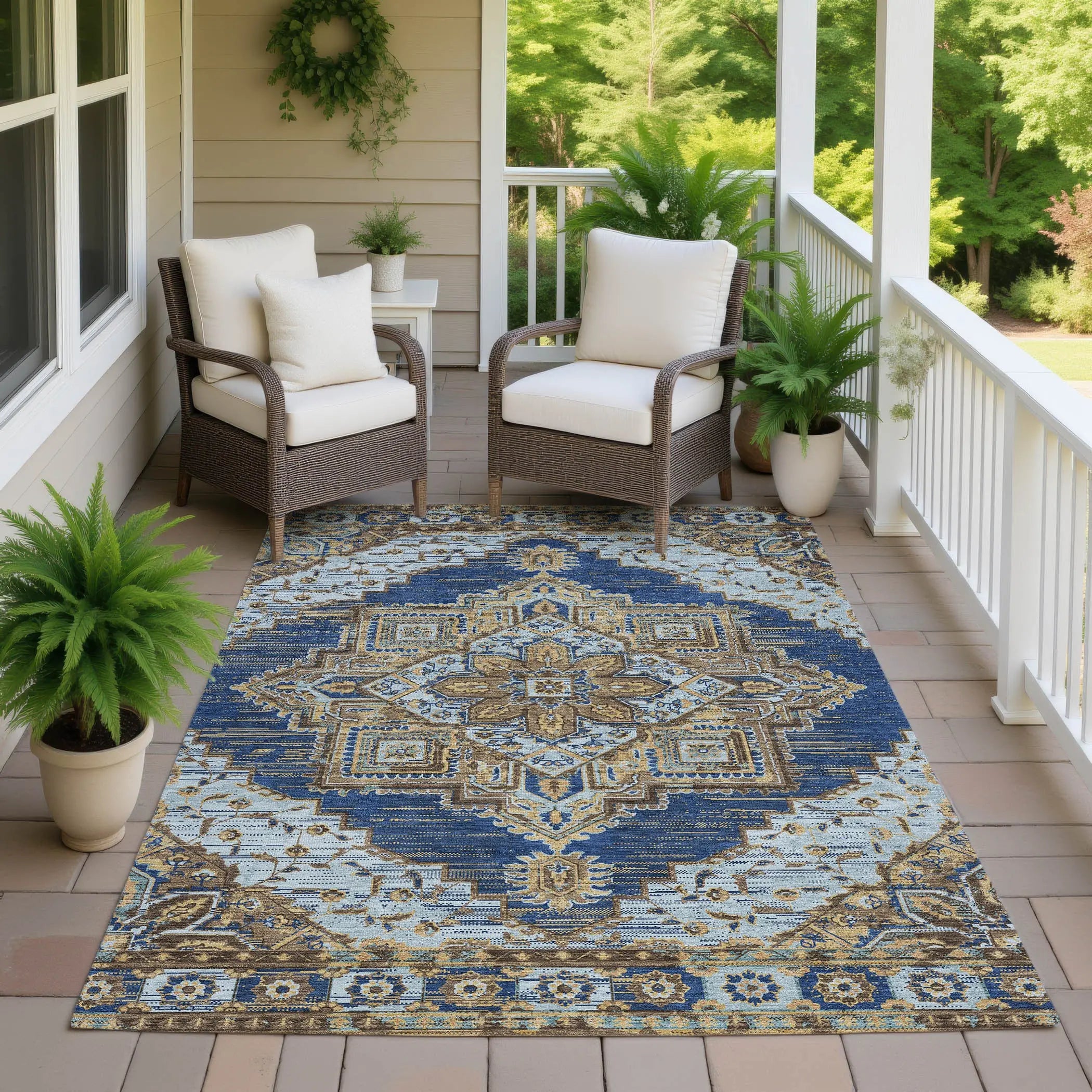 5' X 8' Navy Blue And Linen Oriental Washable Indoor Outdoor Area Rug Homeroots Outdoor