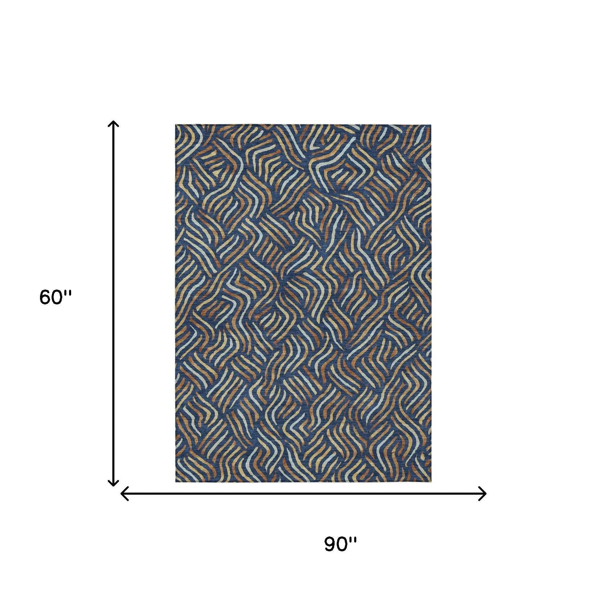 5' X 8' Navy Blue And Orange Abstract Washable Indoor Outdoor Area Rug Homeroots Outdoor
