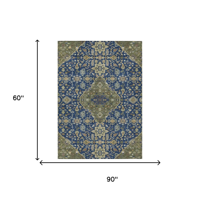 5' X 8' Navy Blue And Pewter Medallion Washable Indoor Outdoor Area Rug Homeroots Outdoor