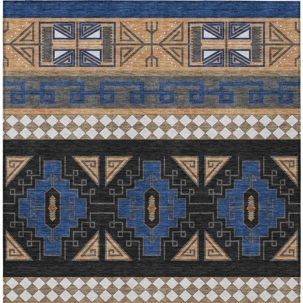 5' X 8' Navy Blue And Salmon Tribal Washable Indoor Outdoor Area Rug Homeroots Outdoor