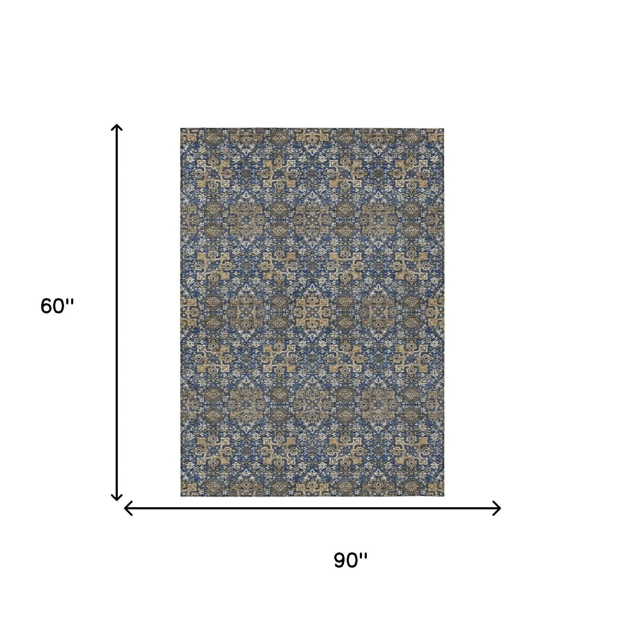 5' X 8' Navy Blue And Silver Oriental Washable Indoor Outdoor Area Rug Homeroots Outdoor