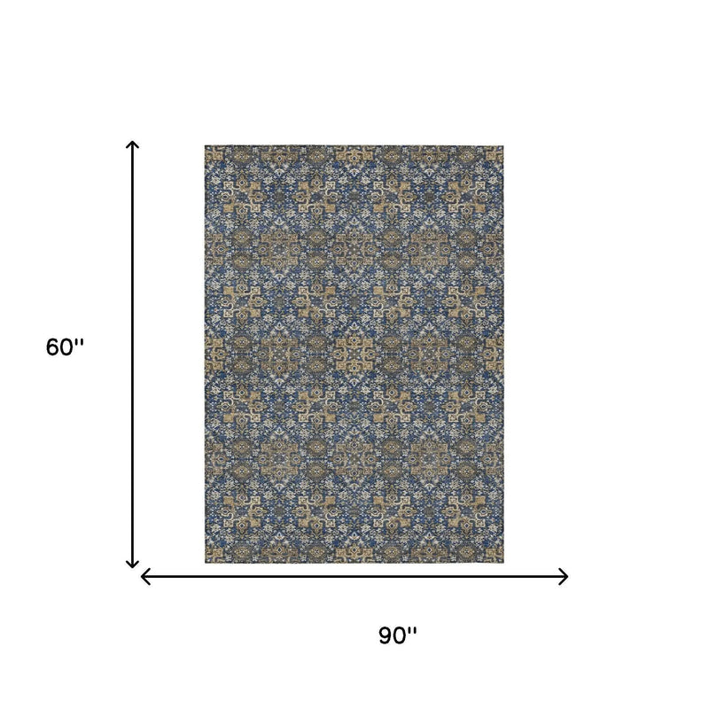 5' X 8' Navy Blue And Silver Oriental Washable Indoor Outdoor Area Rug Homeroots Outdoor