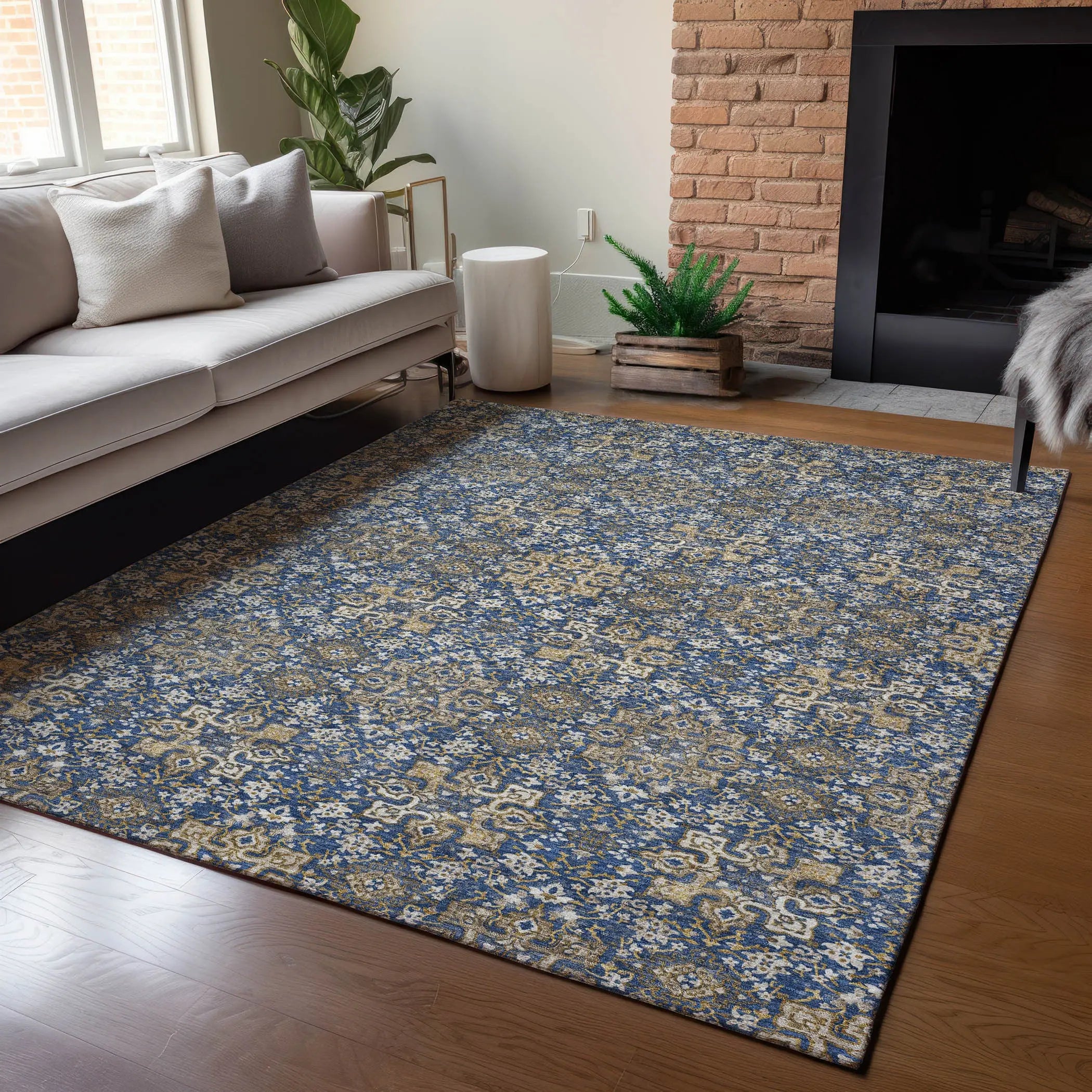 5' X 8' Navy Blue And Silver Oriental Washable Indoor Outdoor Area Rug Homeroots Outdoor