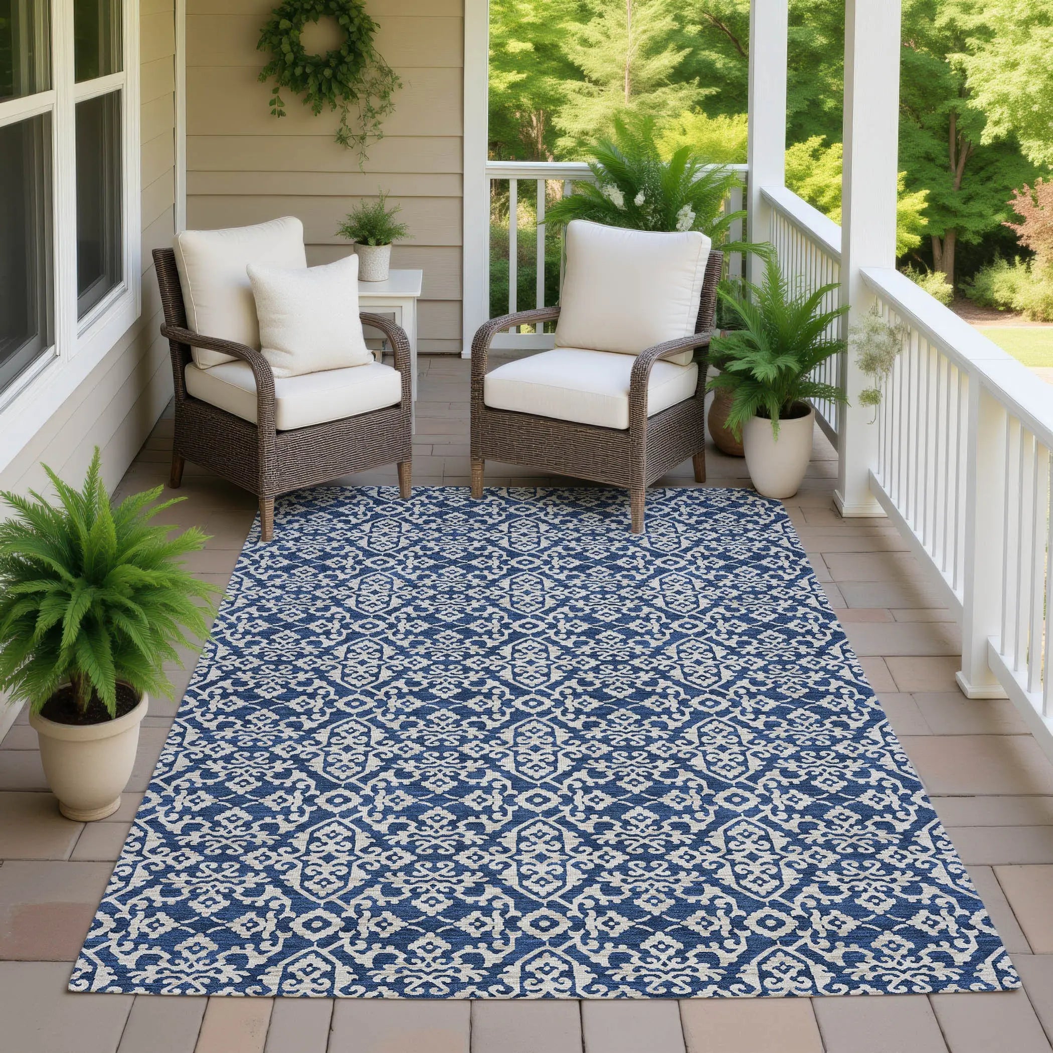 5' X 8' Navy Blue And Silver Oriental Washable Indoor Outdoor Area Rug Homeroots Outdoor