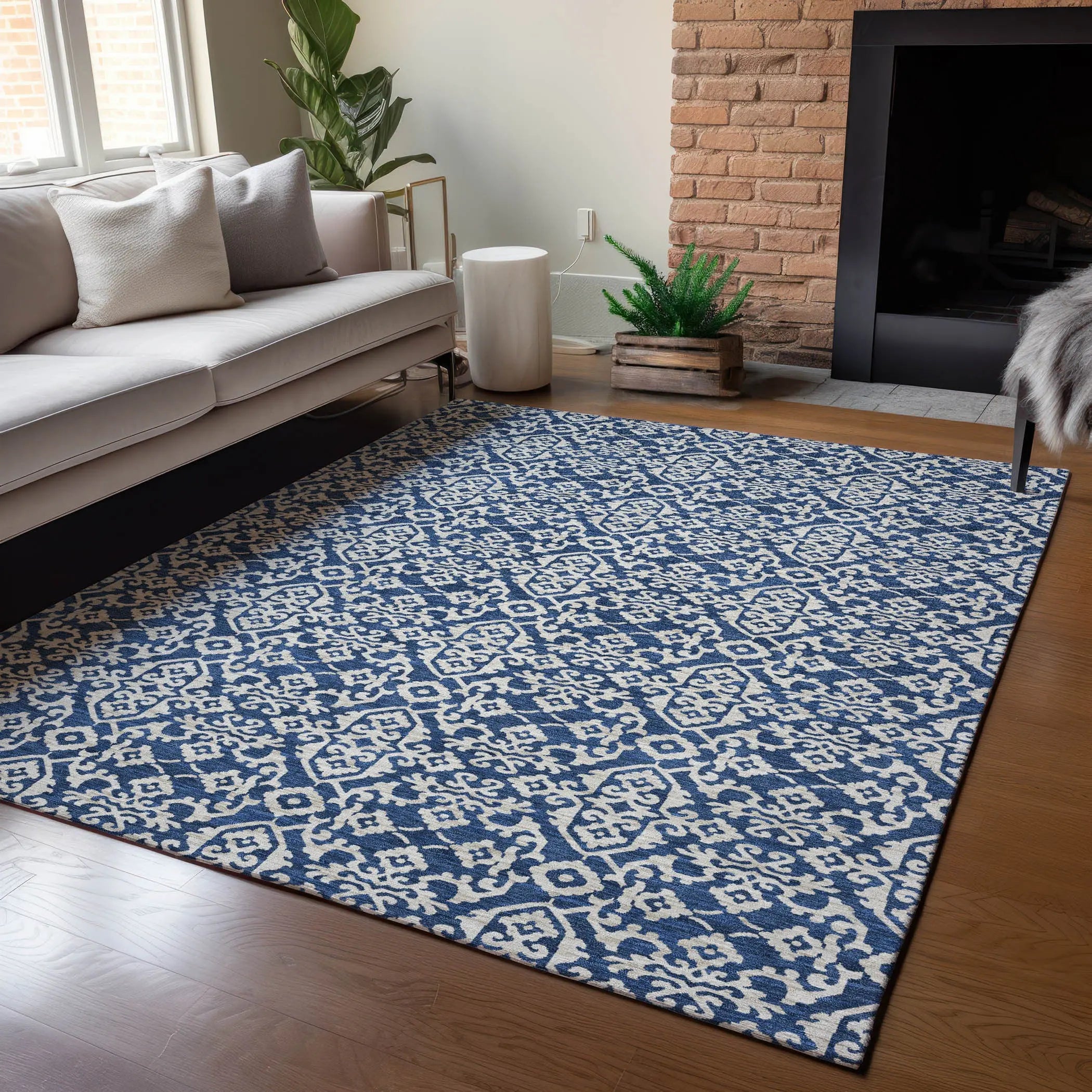 5' X 8' Navy Blue And Silver Oriental Washable Indoor Outdoor Area Rug Homeroots Outdoor