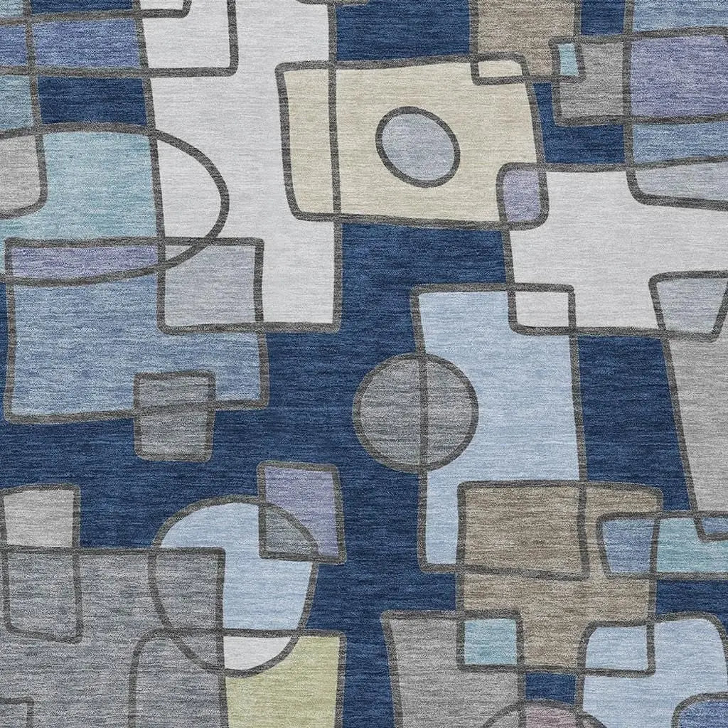 5' X 8' Navy Blue And Sky Blue Geometric Washable Indoor Outdoor Area Rug Homeroots Outdoor