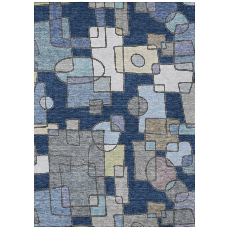 5' X 8' Navy Blue And Sky Blue Geometric Washable Indoor Outdoor Area Rug Homeroots Outdoor