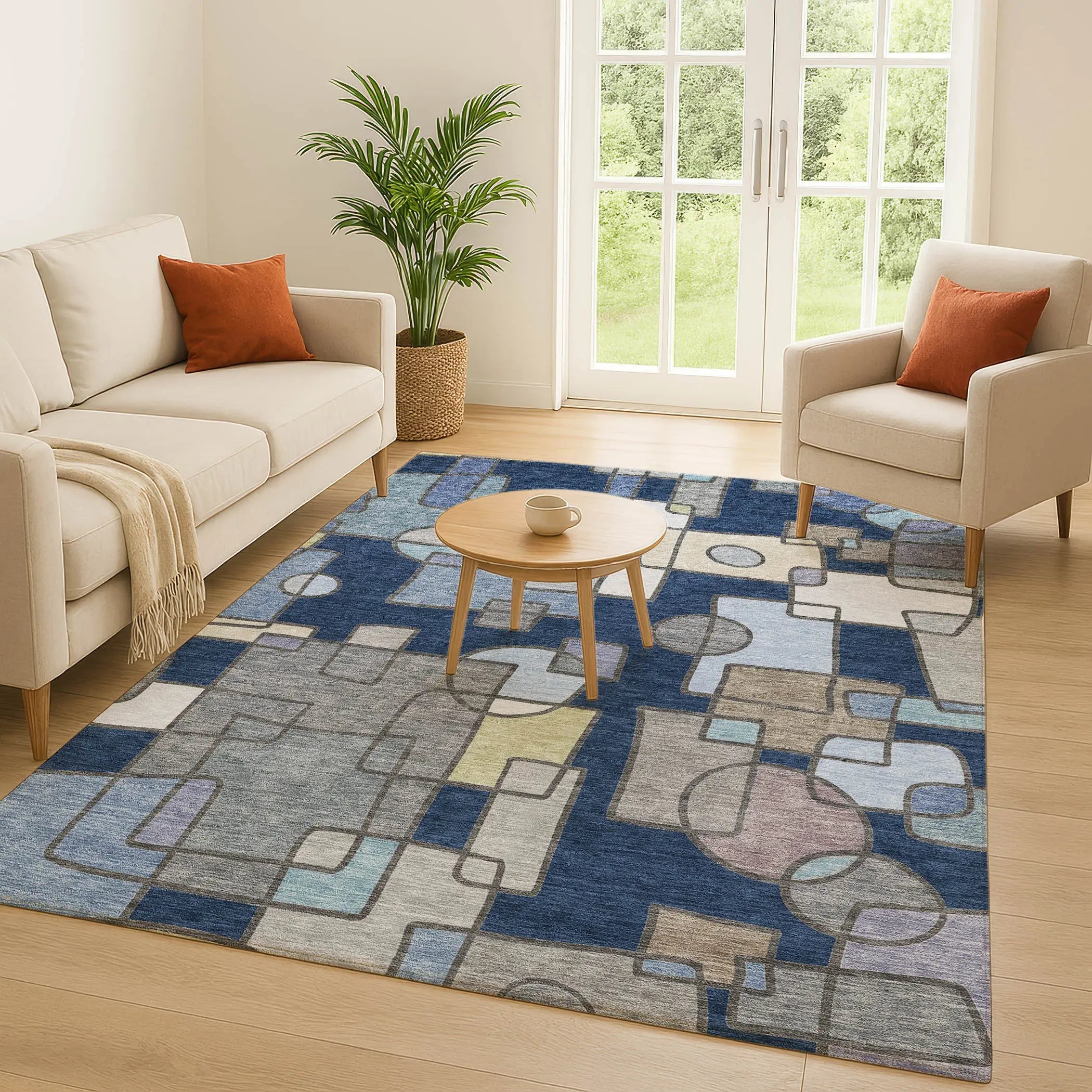 5' X 8' Navy Blue And Sky Blue Geometric Washable Indoor Outdoor Area Rug Homeroots Outdoor
