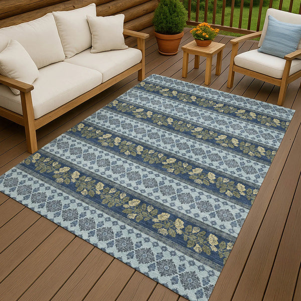 5' X 8' Navy Blue And Sky Blue Striped Washable Indoor Outdoor Area Rug Homeroots Outdoor