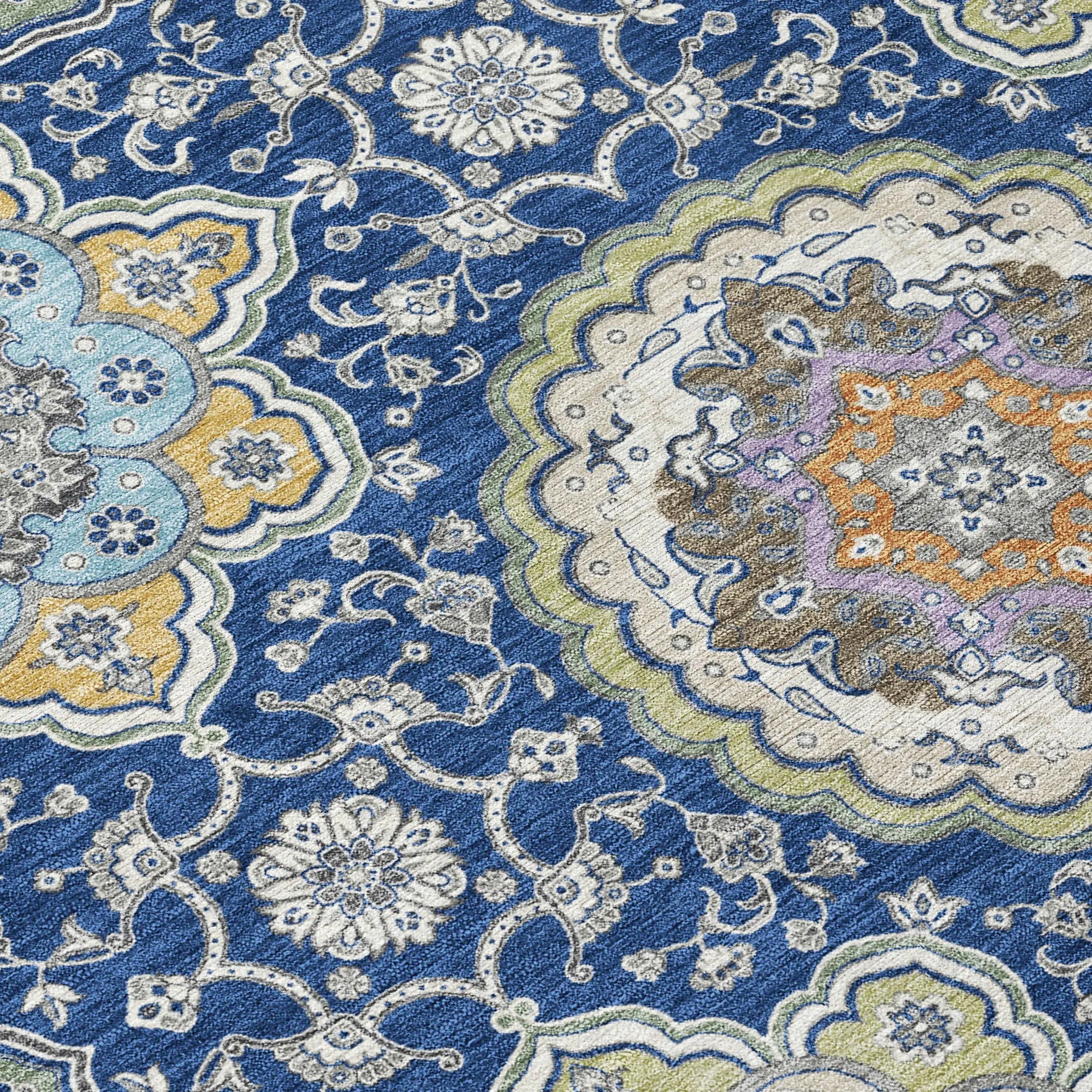 5' X 8' Navy Blue And Taupe Floral Medallion Washable Indoor Outdoor Area Rug Homeroots Outdoor