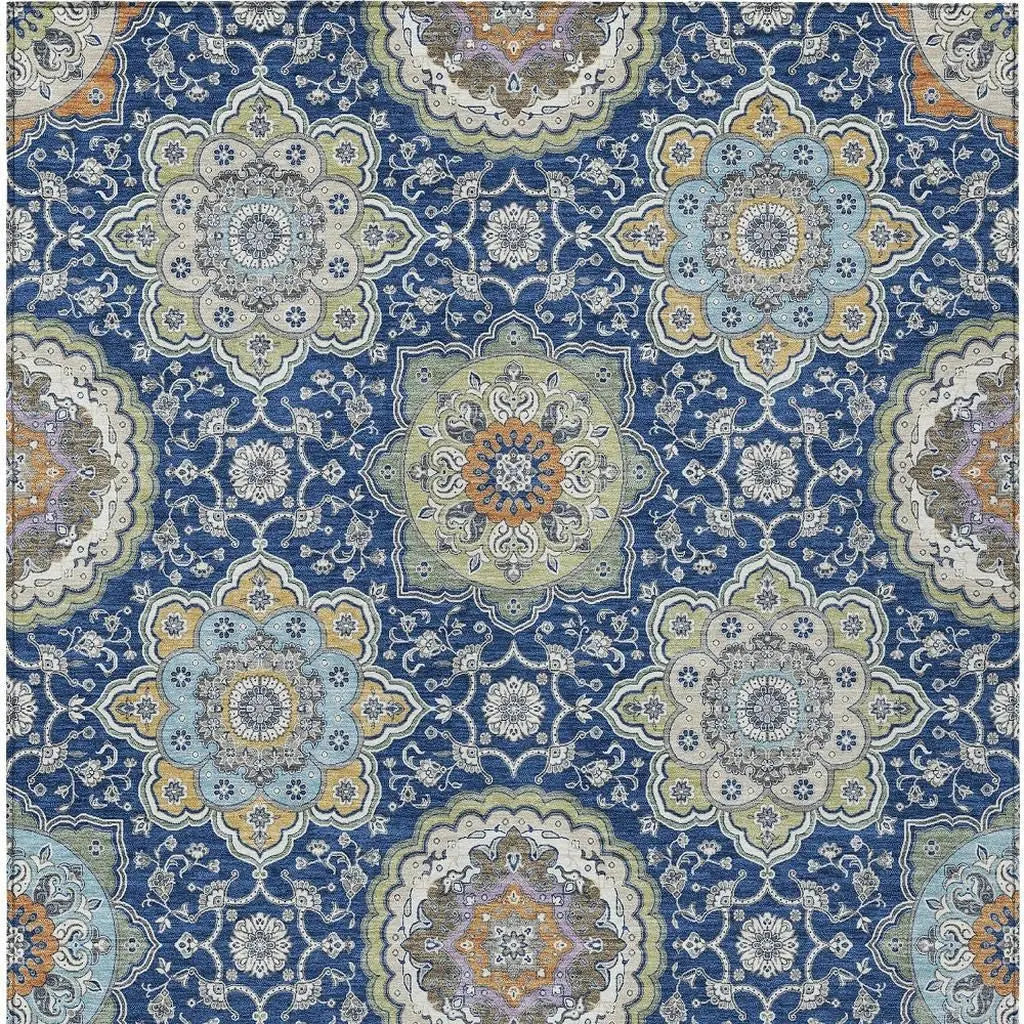 5' X 8' Navy Blue And Taupe Floral Medallion Washable Indoor Outdoor Area Rug Homeroots Outdoor