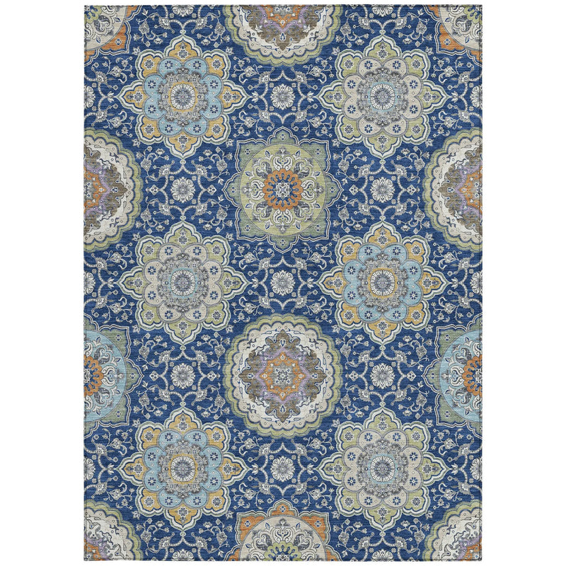 5' X 8' Navy Blue And Taupe Floral Medallion Washable Indoor Outdoor Area Rug Homeroots Outdoor
