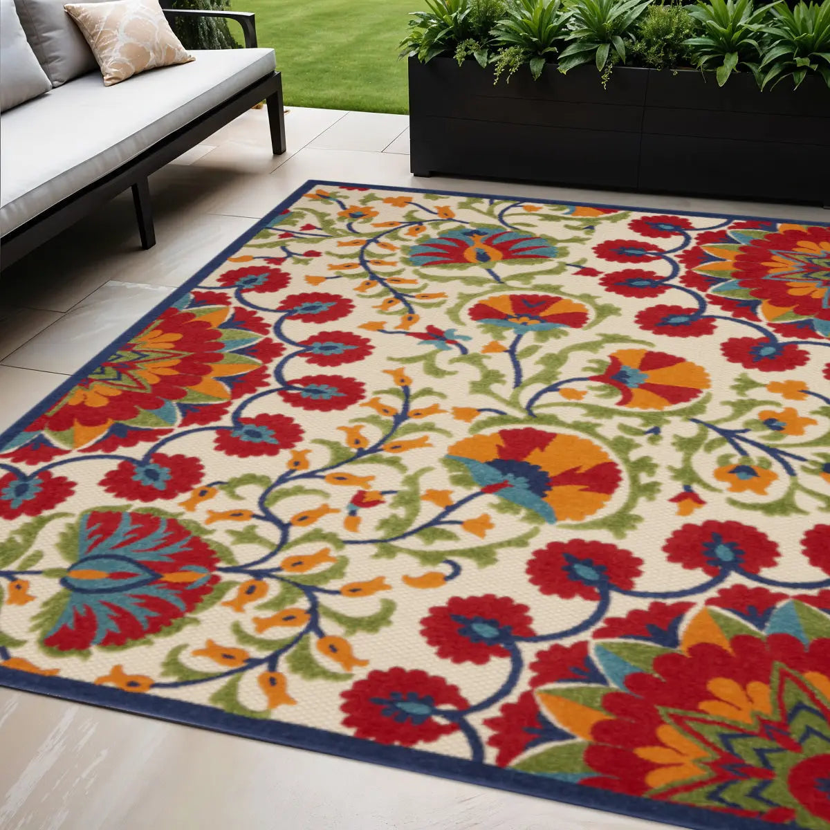 5' X 8' Navy Blue Beige Green Blue And Red Floral Indoor Outdoor Area Rug Homeroots Outdoor