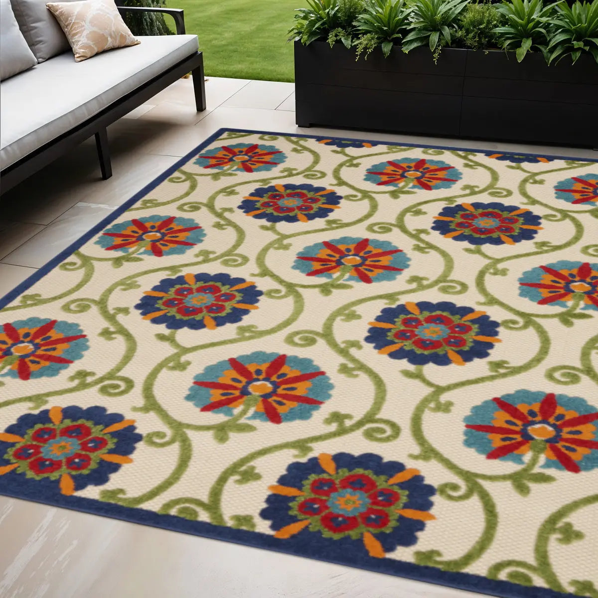 5' X 8' Navy Blue Beige Green Blue And Red Floral Indoor Outdoor Area Rug Homeroots Outdoor
