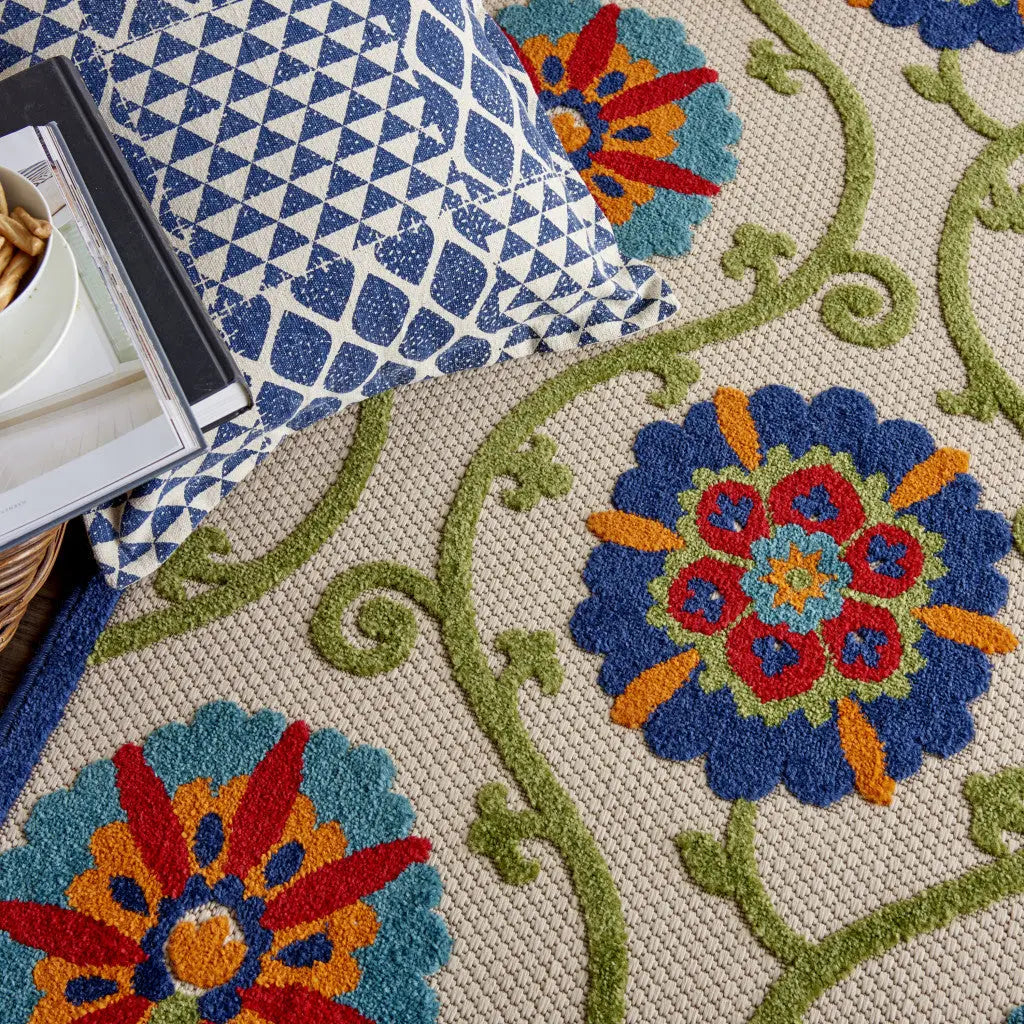 5' X 8' Navy Blue Beige Green Blue And Red Floral Indoor Outdoor Area Rug Homeroots Outdoor