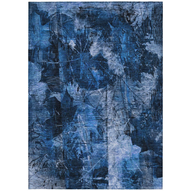 5' X 8' Navy Blue Floral Washable Non Skid Indoor Outdoor Area Rug - GreatEagleInc