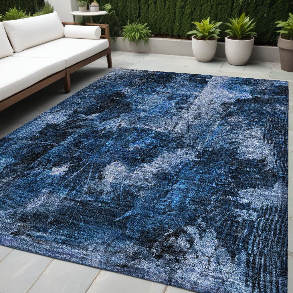 5' X 8' Navy Blue Floral Washable Non Skid Indoor Outdoor Area Rug - GreatEagleInc