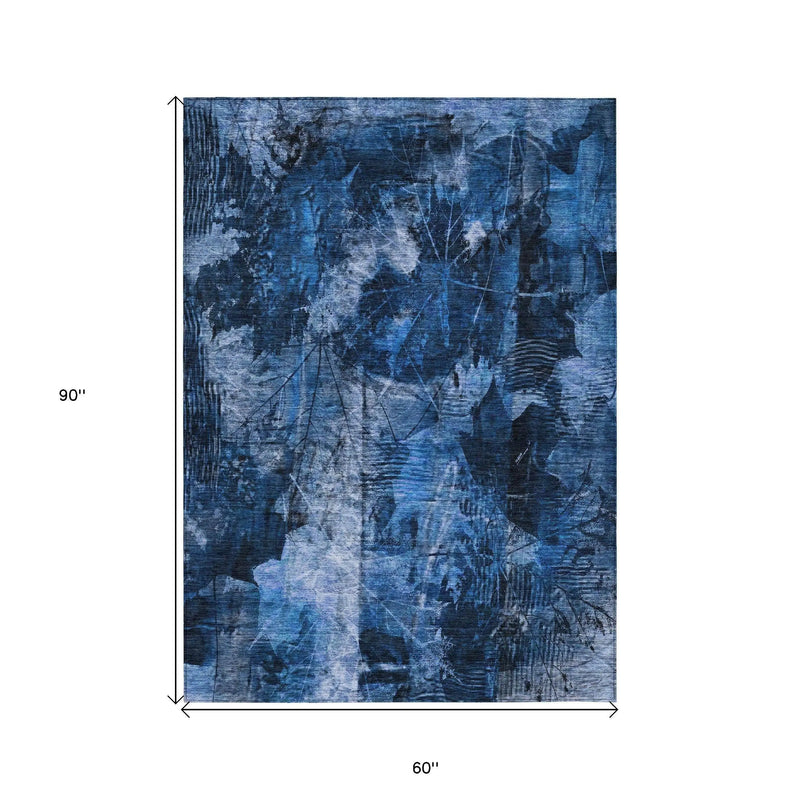 5' X 8' Navy Blue Floral Washable Non Skid Indoor Outdoor Area Rug - GreatEagleInc