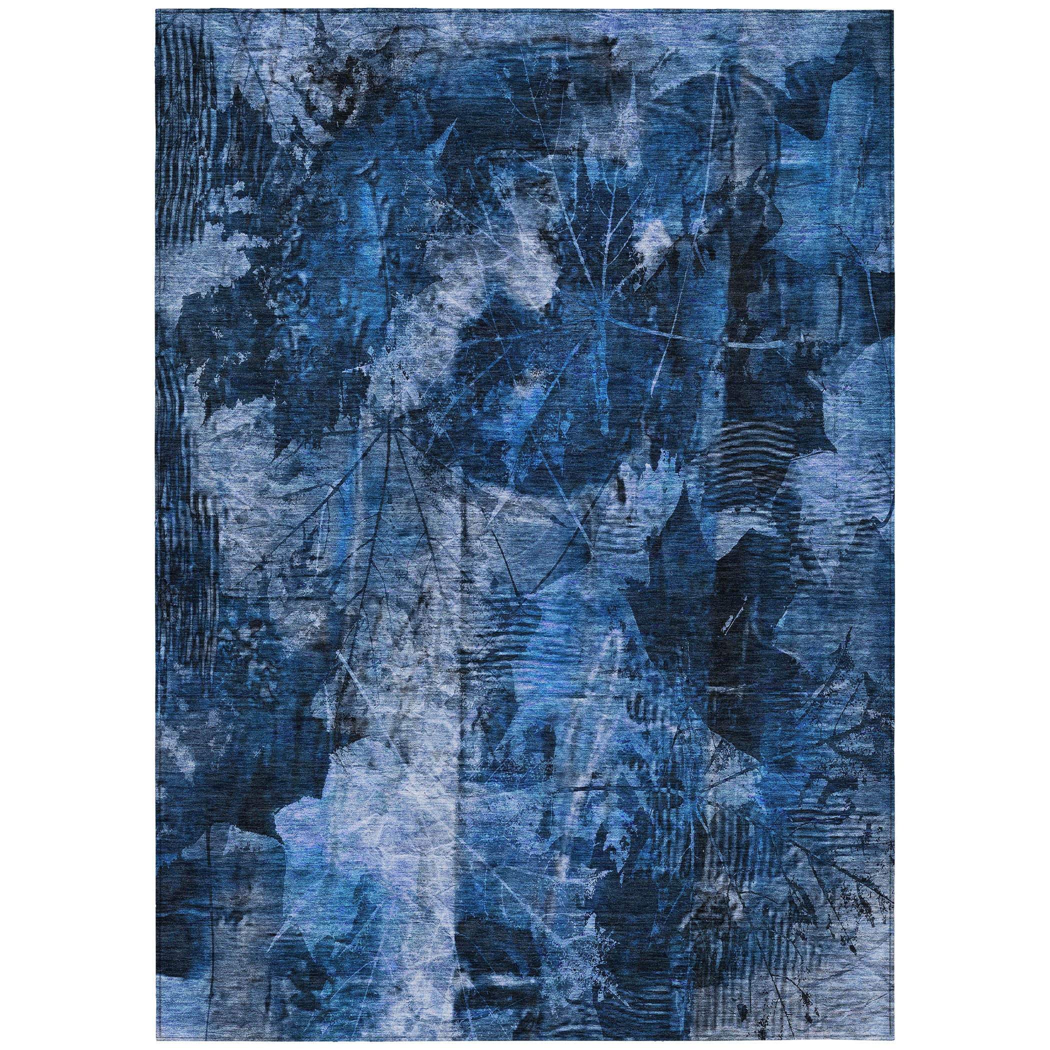 5' X 8' Navy Blue Floral Washable Non Skid Indoor Outdoor Area Rug - GreatEagleInc