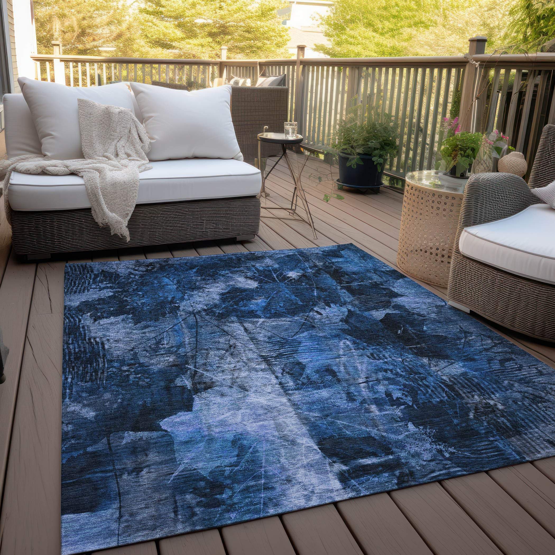 5' X 8' Navy Blue Floral Washable Non Skid Indoor Outdoor Area Rug - GreatEagleInc